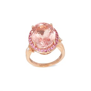 David Jerome Certified 12.51ct Untreated Brazilian Oval Cut Morganite, Pink Sapphire and Diamond 18ct gold Ring