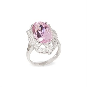 David Jerome Certified 9.91ct Untreated Oval Cut Kunzite and Diamond 18ct Gold Ring