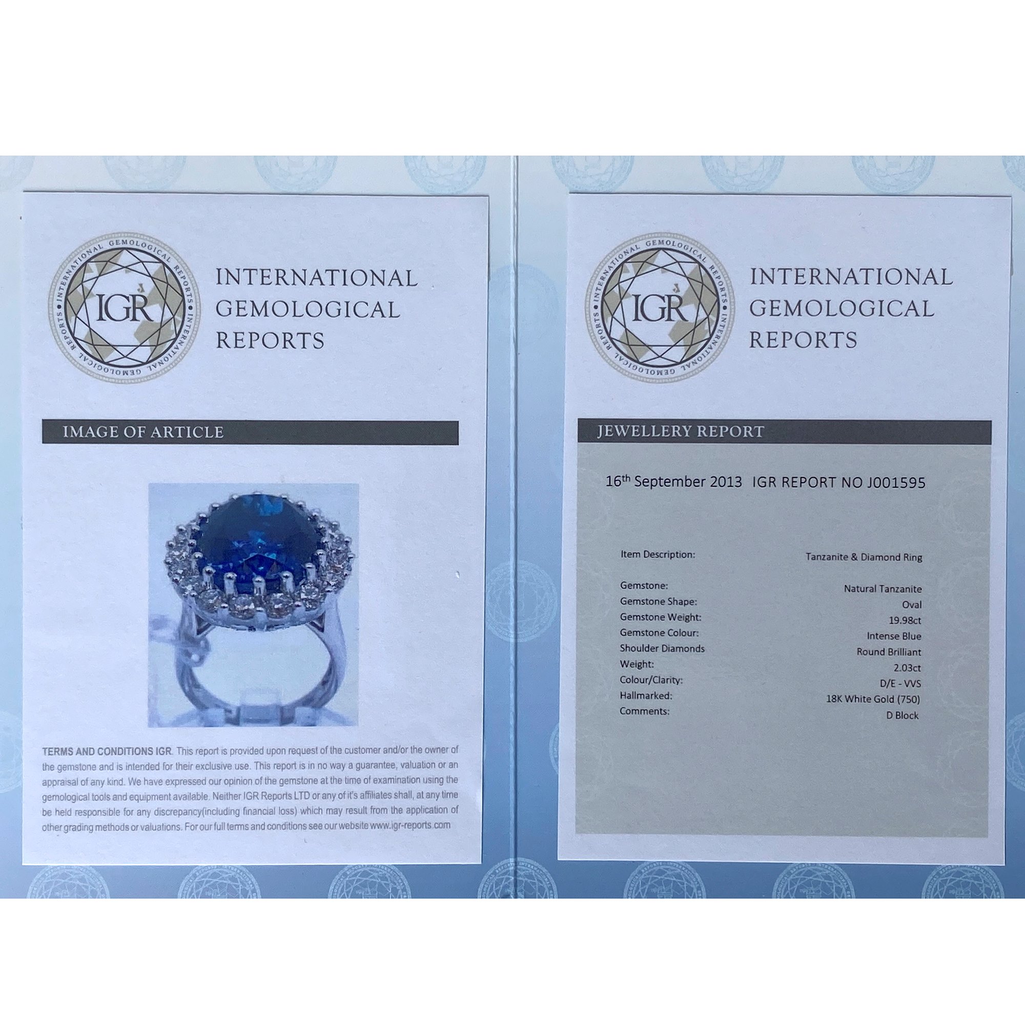 David Jerome Certified 19.98ct Tanzanite and Diamond 18ct gold Ring