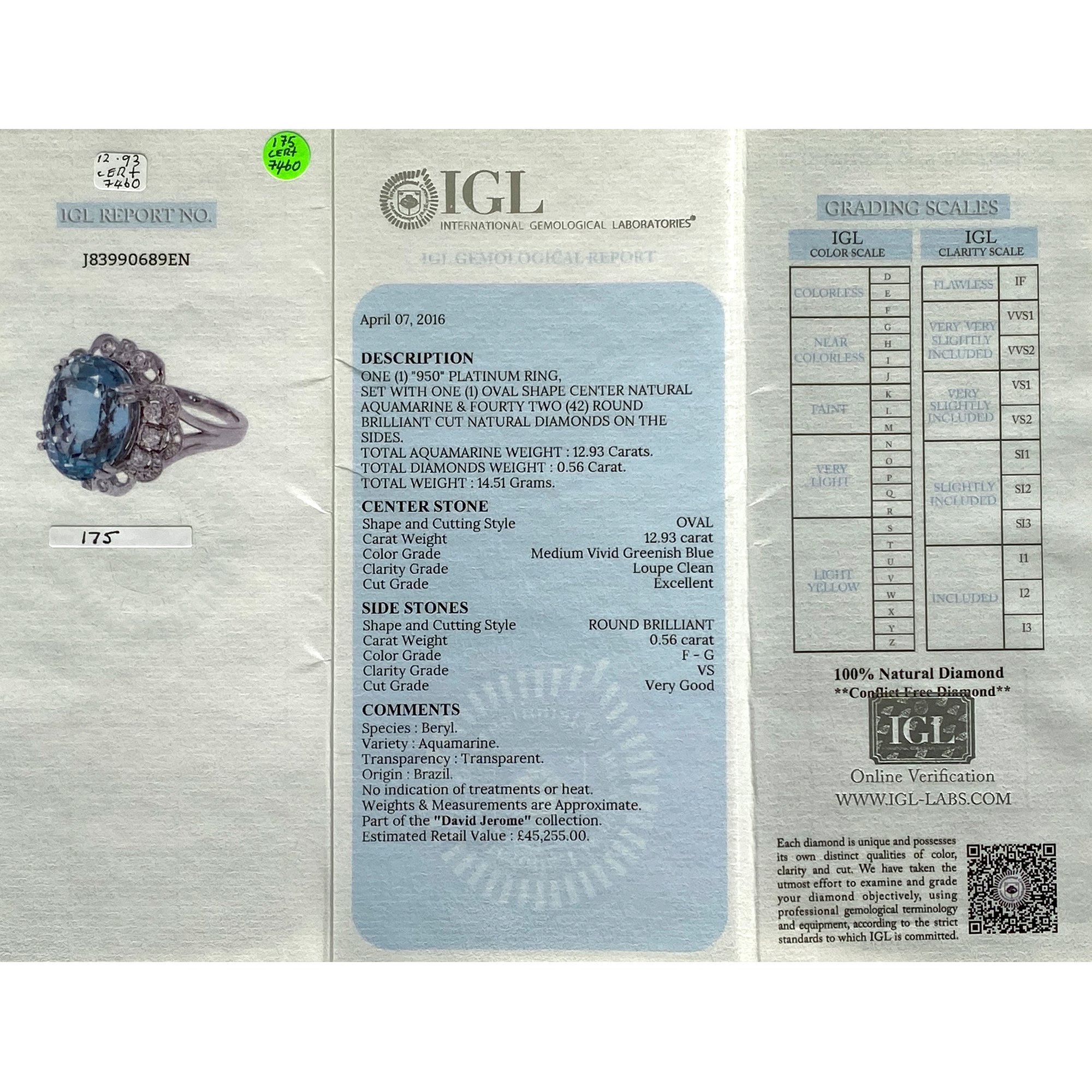 David Jerome Certified 12.93ct Unheated Brazilian Aquamarine and Diamond Platinum Ring
