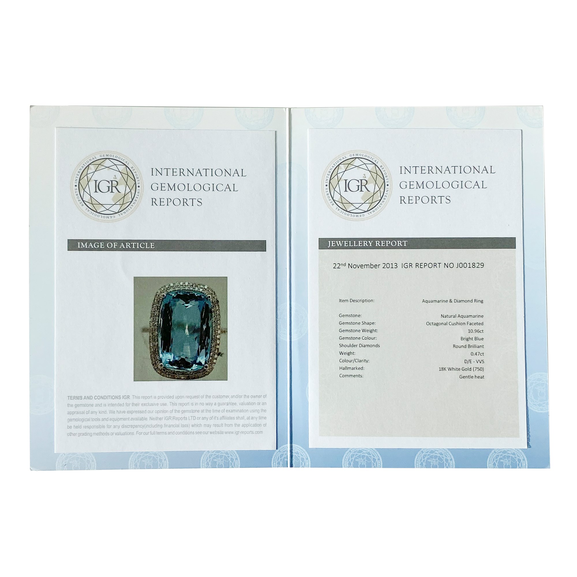 David Jerome Certified 10.96ct Brazilian Aquamarine and Diamond 18ct gold Ring