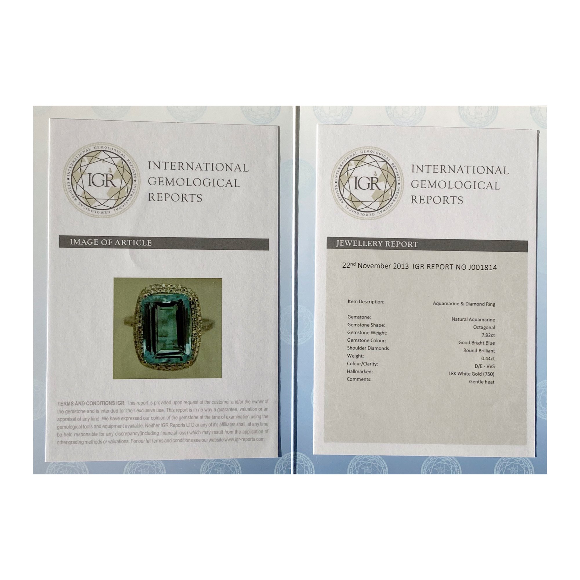 David Jerome Certified 7.92ct Octagonal Aquamarine and Diamond 18ct gold Ring
