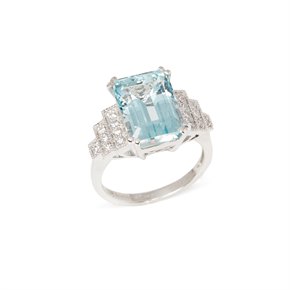David Jerome Certified 6.63ct Emerald cut Aquamarine and Diamond 18ct gold Ring