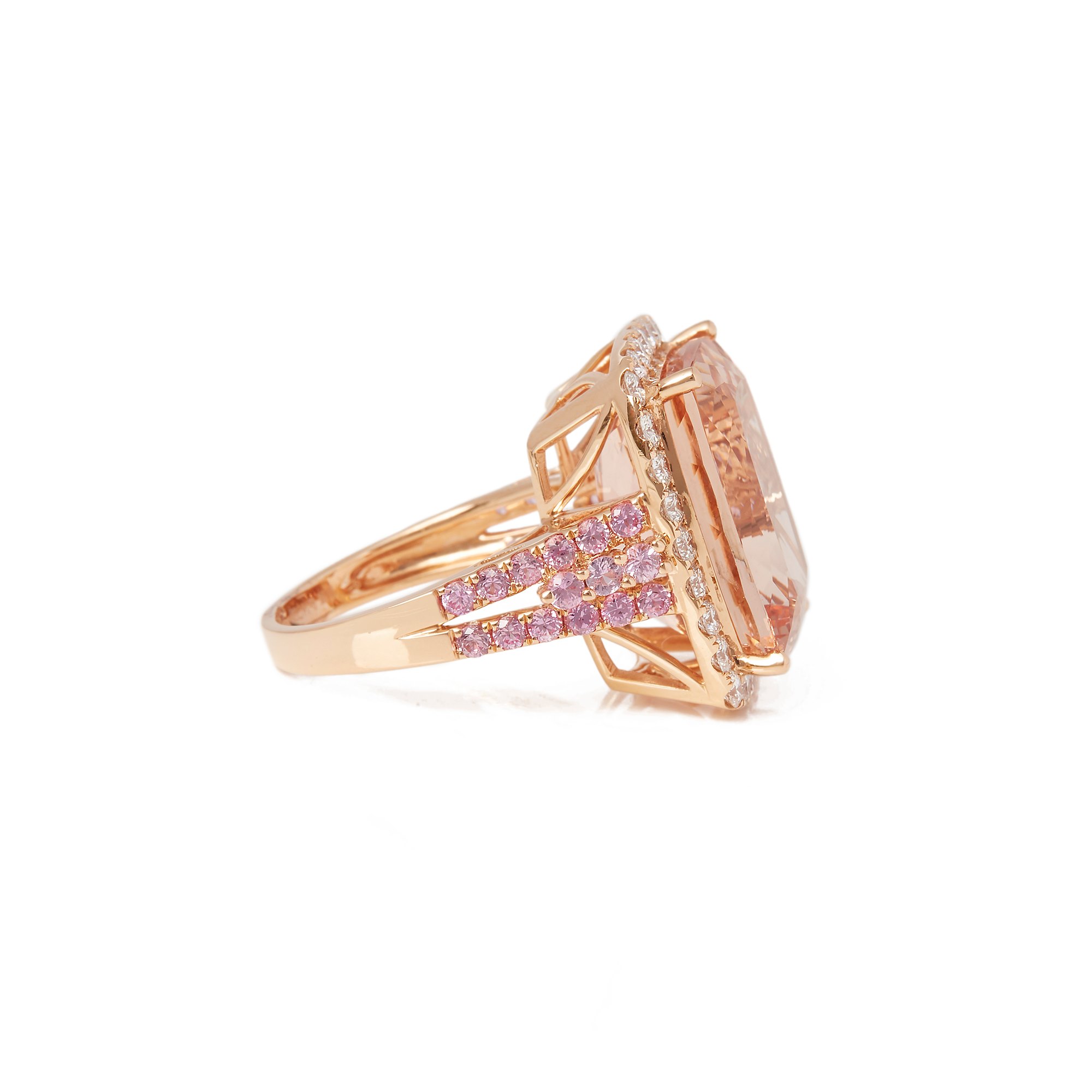 David Jerome Certified 14.99ct Cushion Cut Morganite, Pink Sapphire and Diamond 18ct gold Ring
