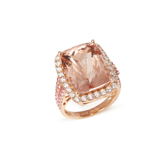 David Jerome Certified 14.99ct Cushion Cut Morganite, Pink Sapphire and Diamond 18ct gold Ring