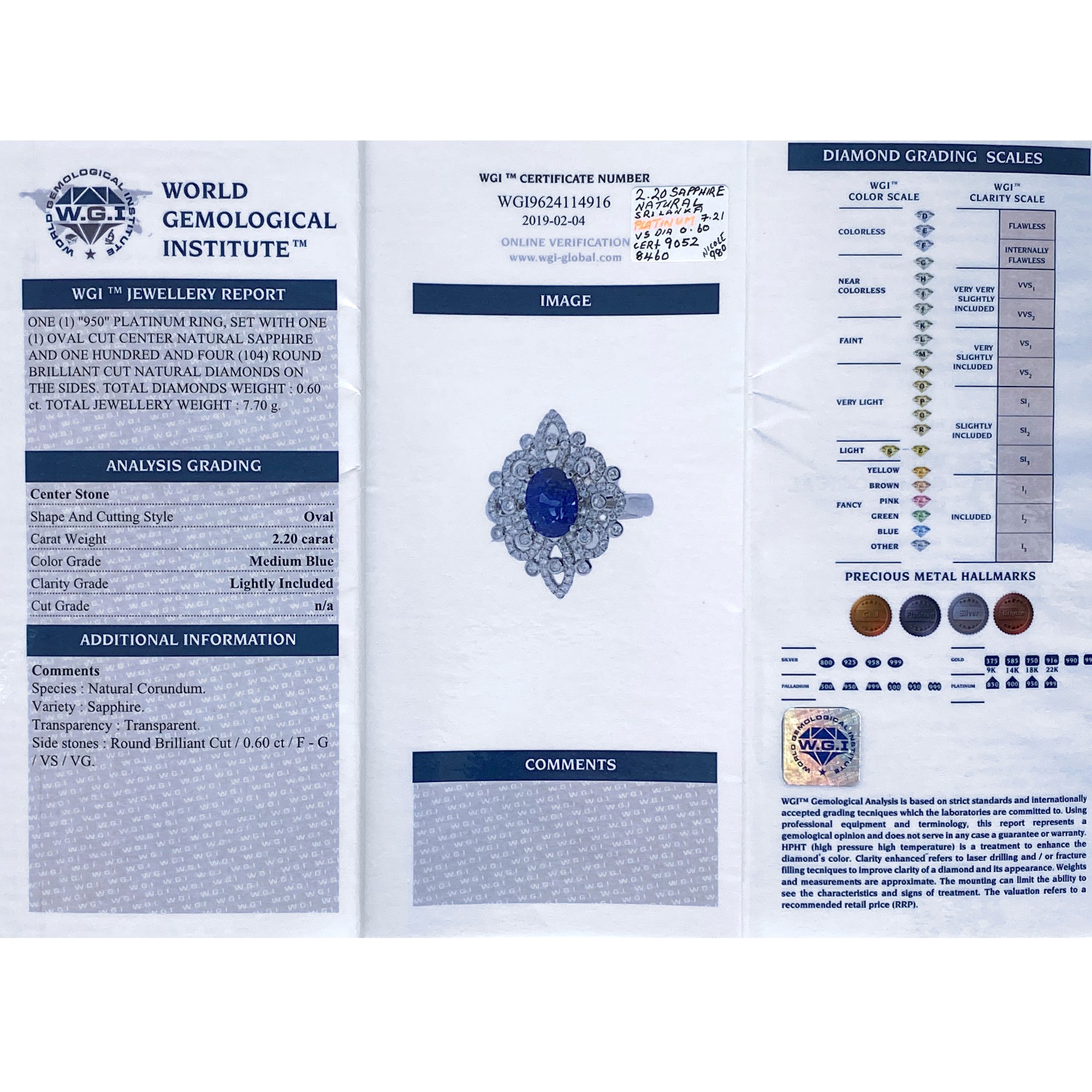 David Jerome Certified 2.2ct Sapphire and Diamond Platinum Ring
