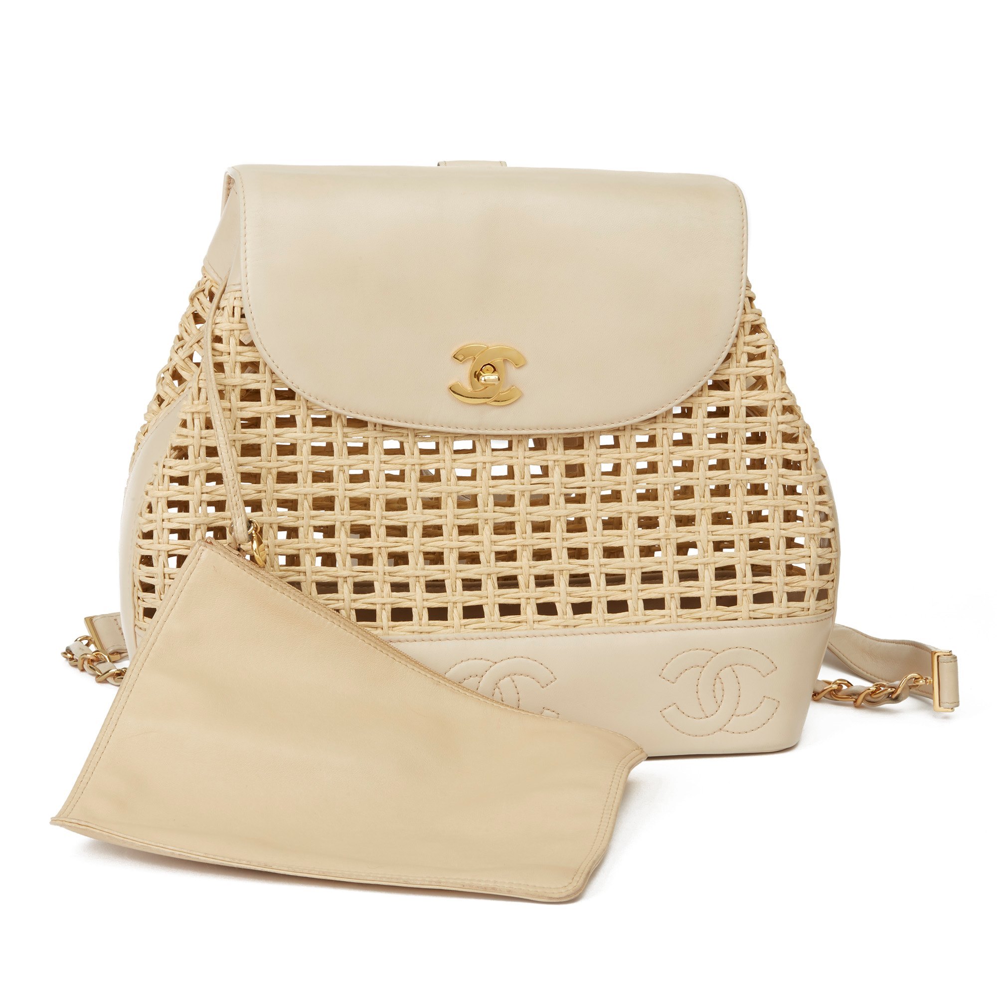 Chanel Beige Lambskin & Wicker Vintage Classic Backpack with Pouch