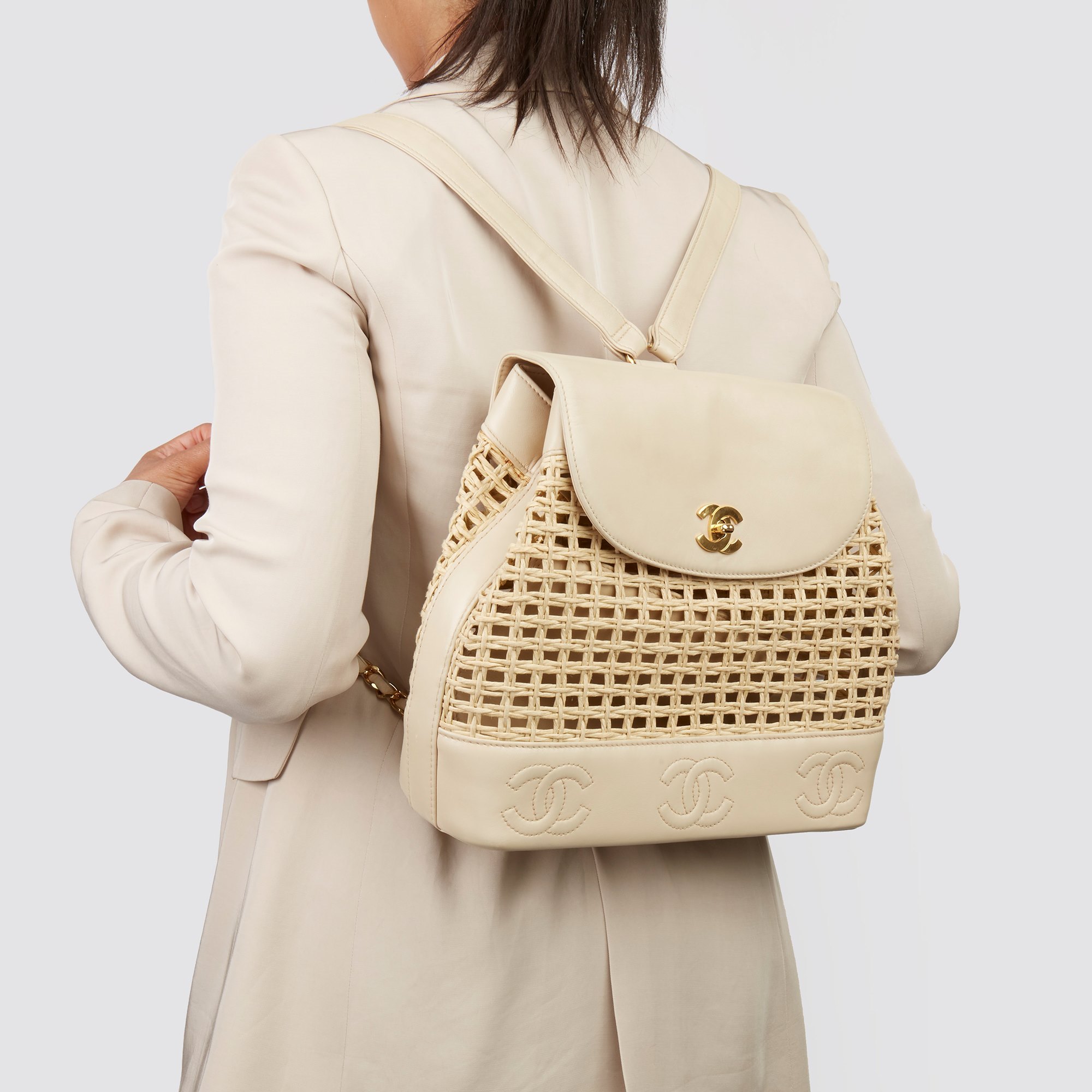 Chanel Beige Lambskin & Wicker Vintage Classic Backpack with Pouch