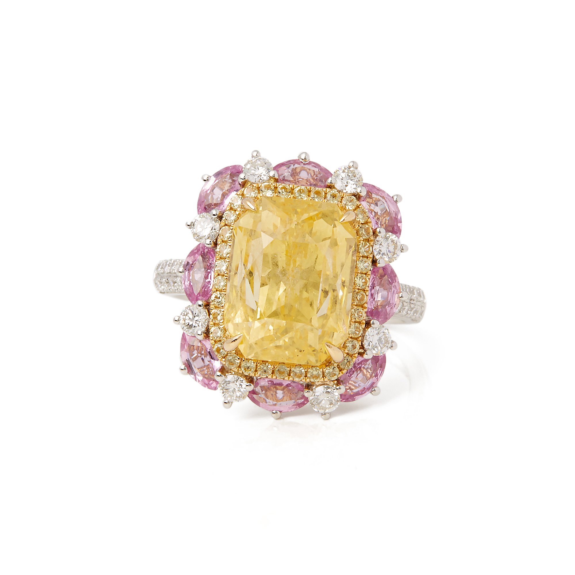 David Jerome 18ct White Gold Yellow Sapphire, Diamond and Pink Sapphire Cluster Ring