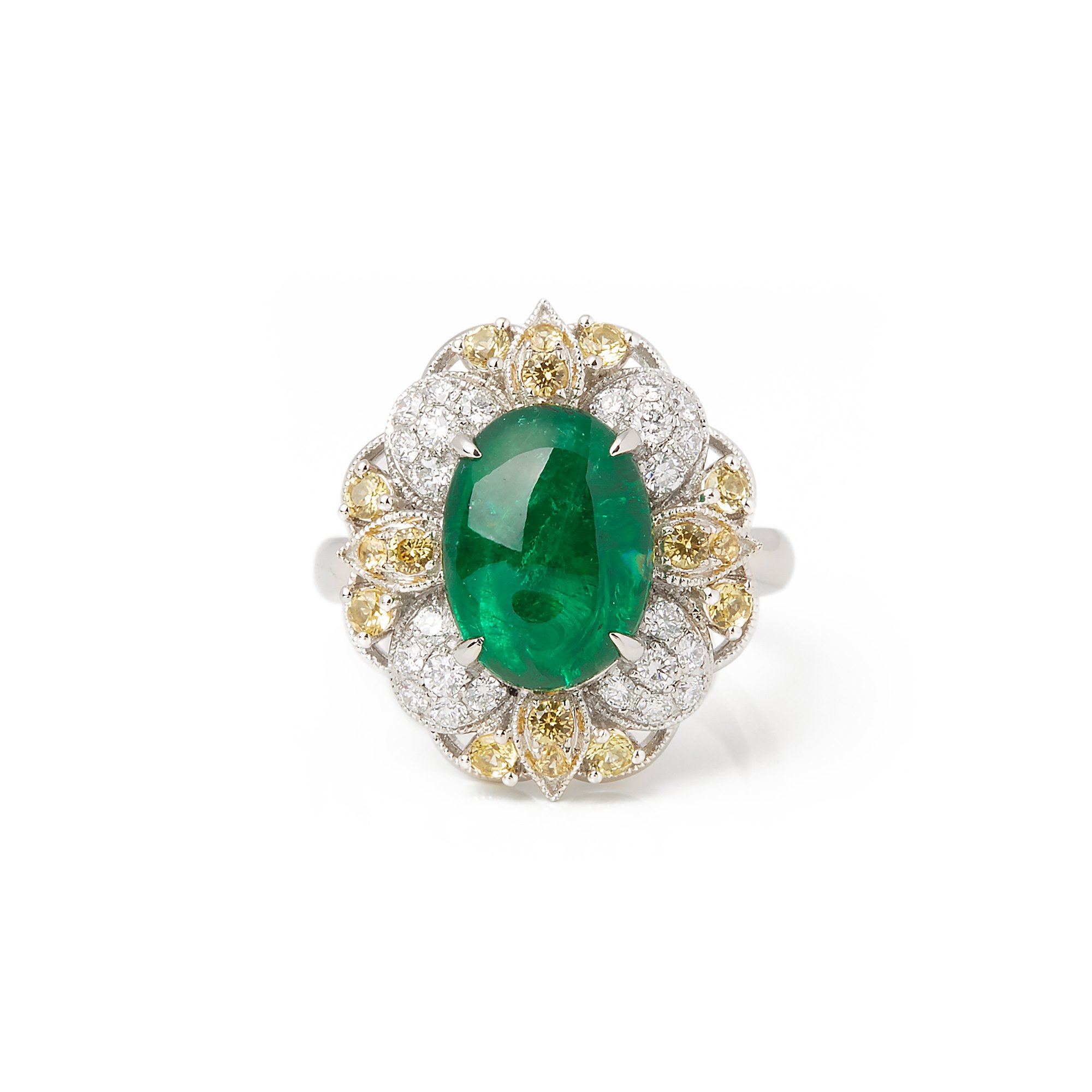 David Jerome Platinum Emerald, Diamond and yellow Sapphire Cluster Ring