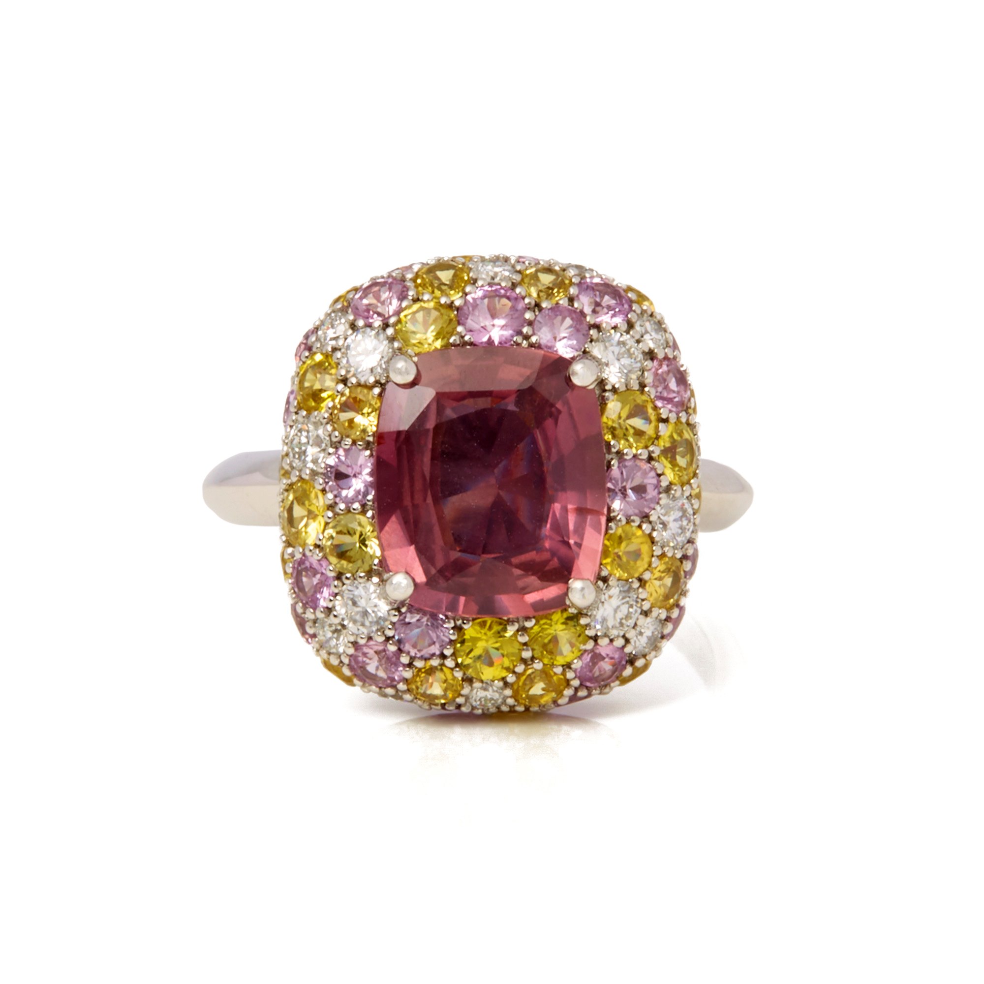 David Jerome Platinum Padpardacha Sapphire, Diamond, Pink and Yellow Sapphire Cluster Ring