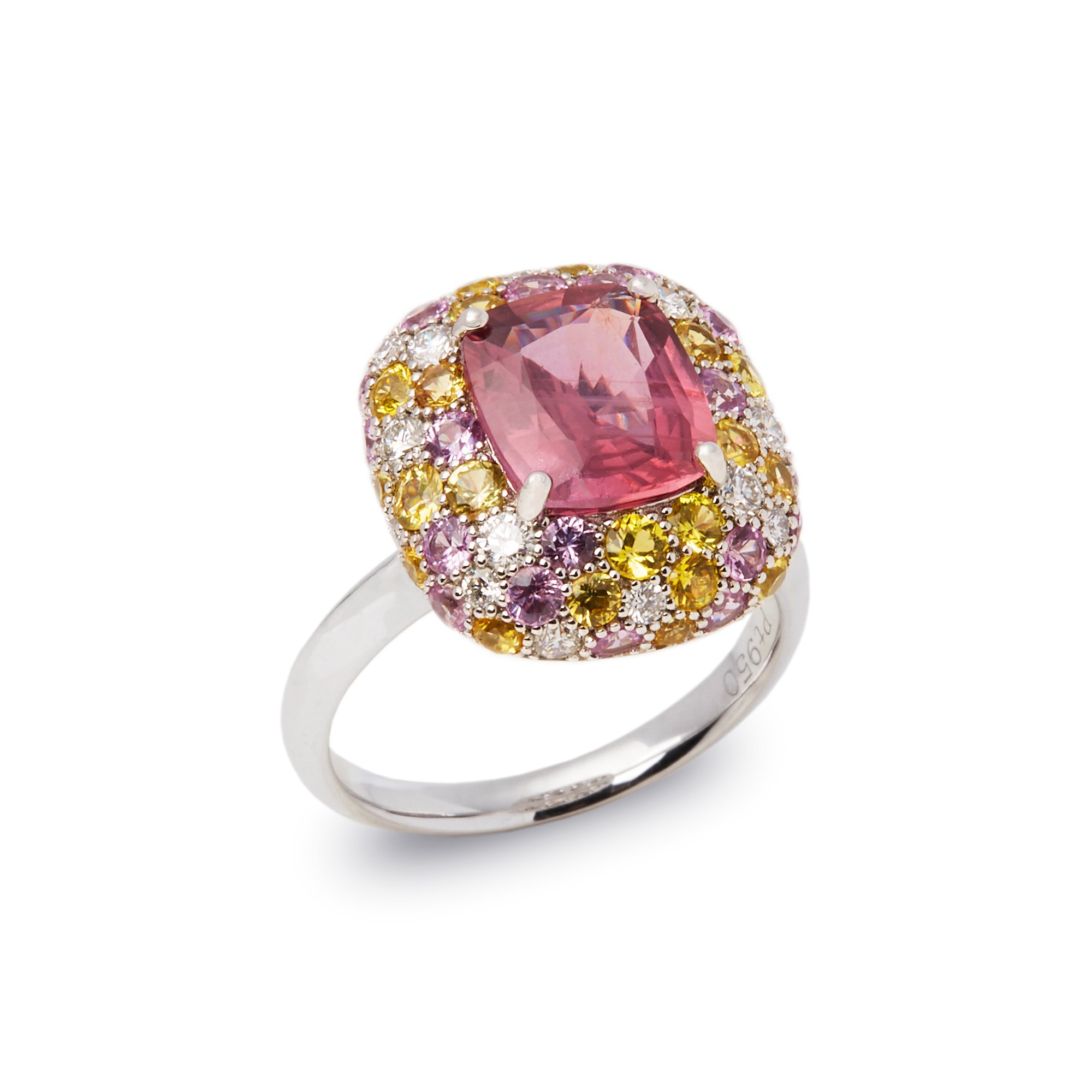 David Jerome Platinum Padpardacha Sapphire, Diamond, Pink and Yellow Sapphire Cluster Ring