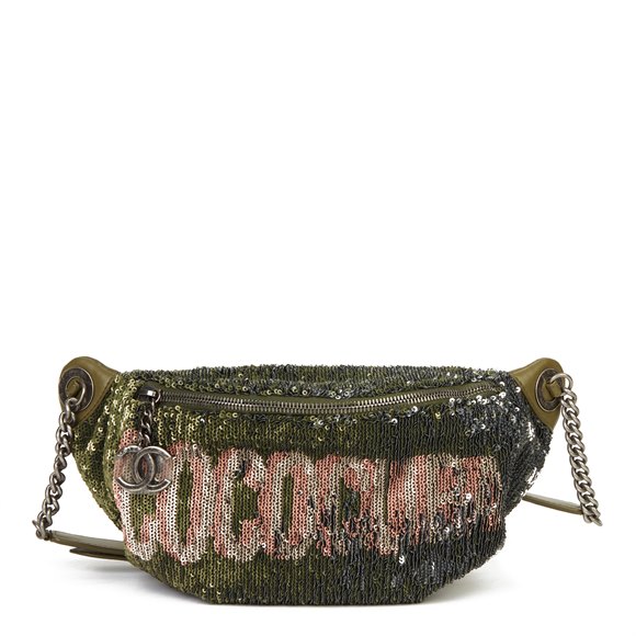 Chanel Khaki Quilted Lambskin & Pink Sequin Embellishment Coco Cuba Belt Bag
