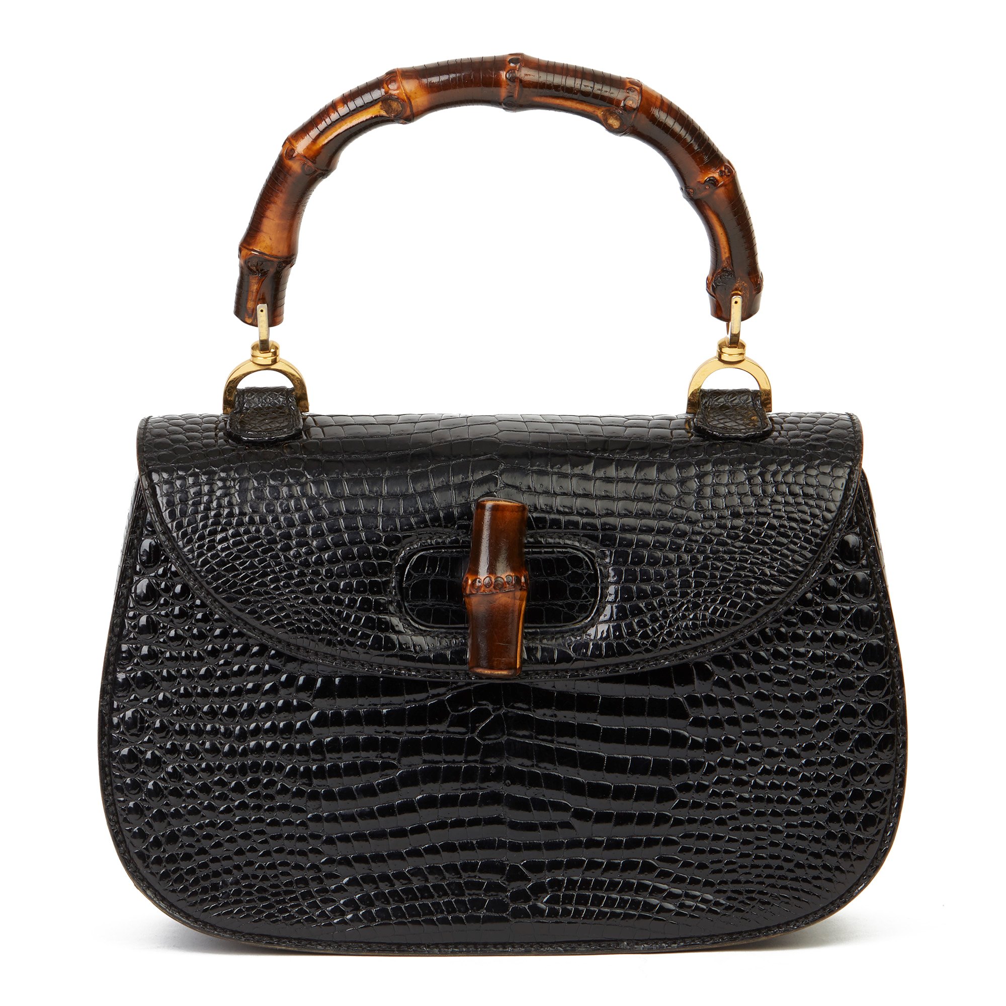 Gucci Black Alligator Leather Bamboo Classic Top Handle