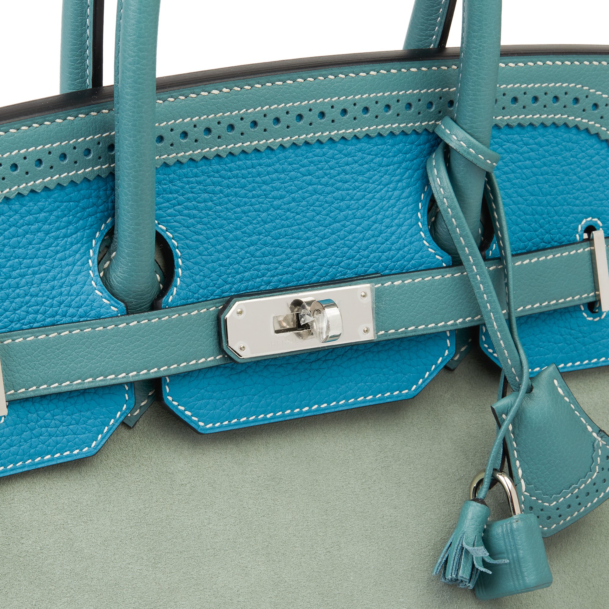 Hermès Turquoise Clemence Leather, Ciel Evercolor Leather & Grizzly Suede Ghillies Birkin 35cm Retourne