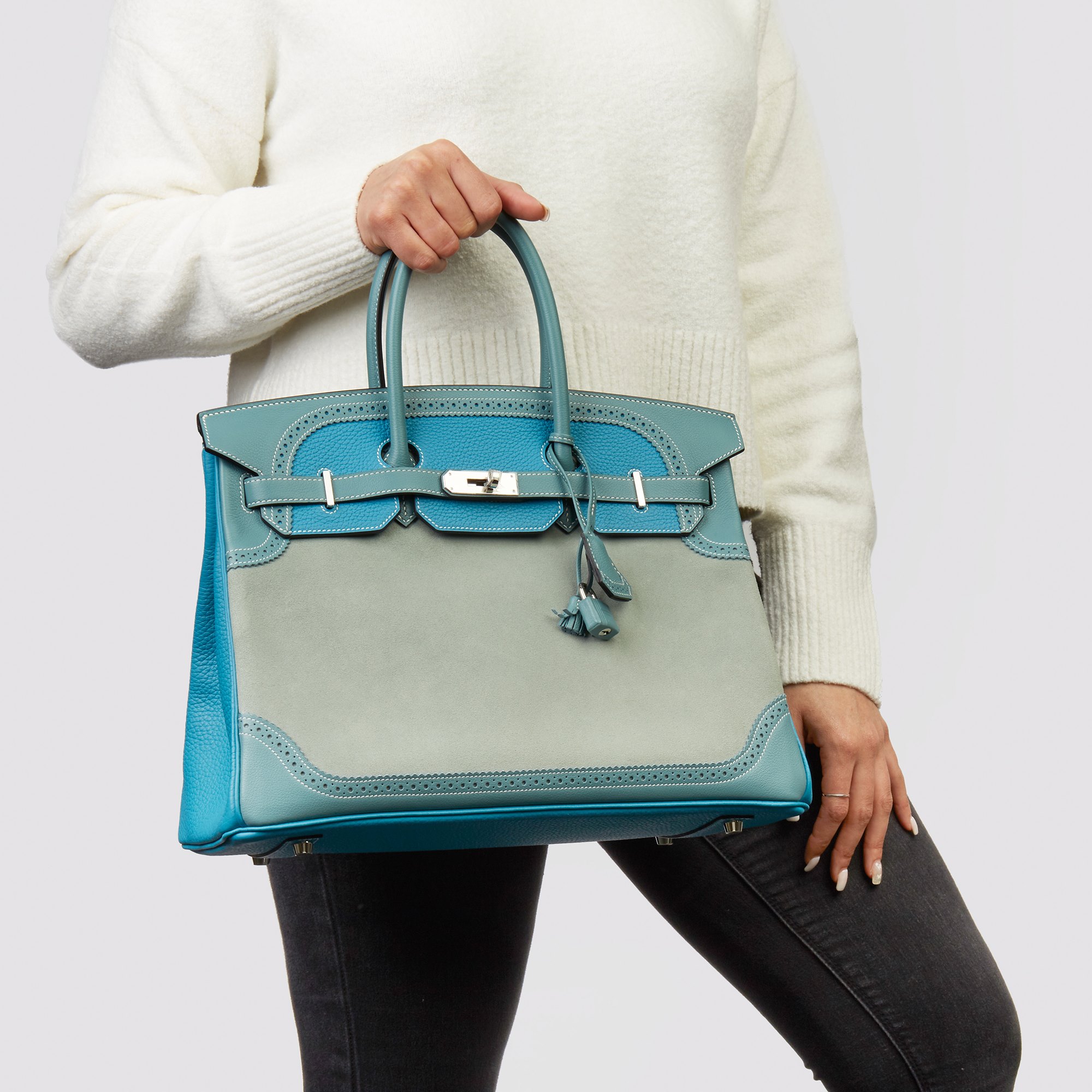 Hermès Turquoise Clemence Leather, Ciel Evercolor Leather & Grizzly Suede Ghillies Birkin 35cm Retourne