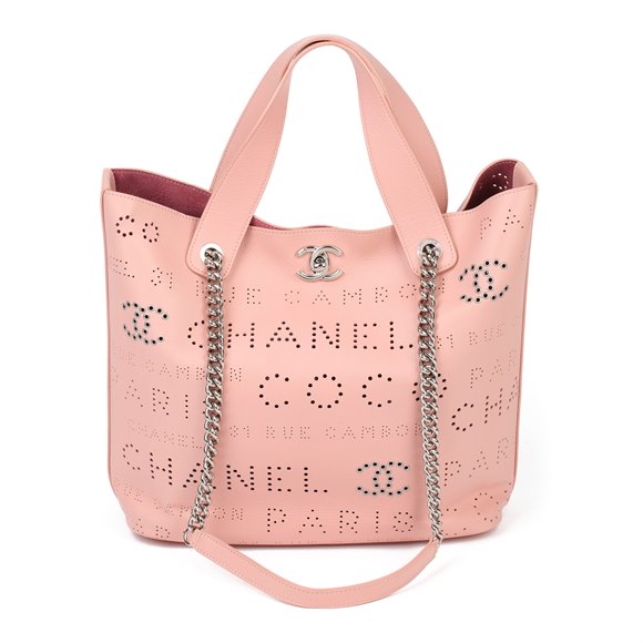 Chanel Pink Calfskin Leather Logo Eyelets Shopping Tote with Tweed Pouch
