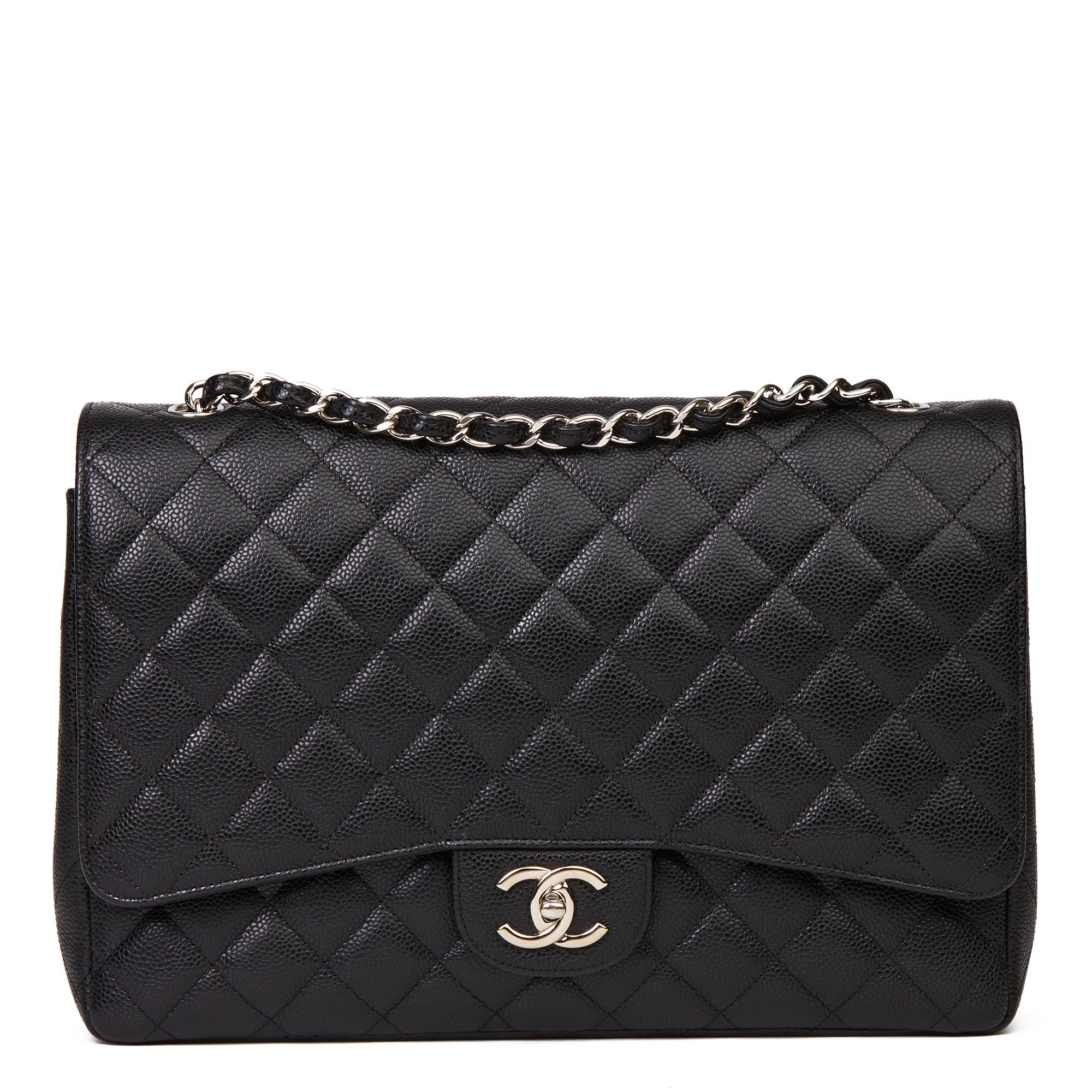 chanel black quilted caviar leather classic maxi double flap bag