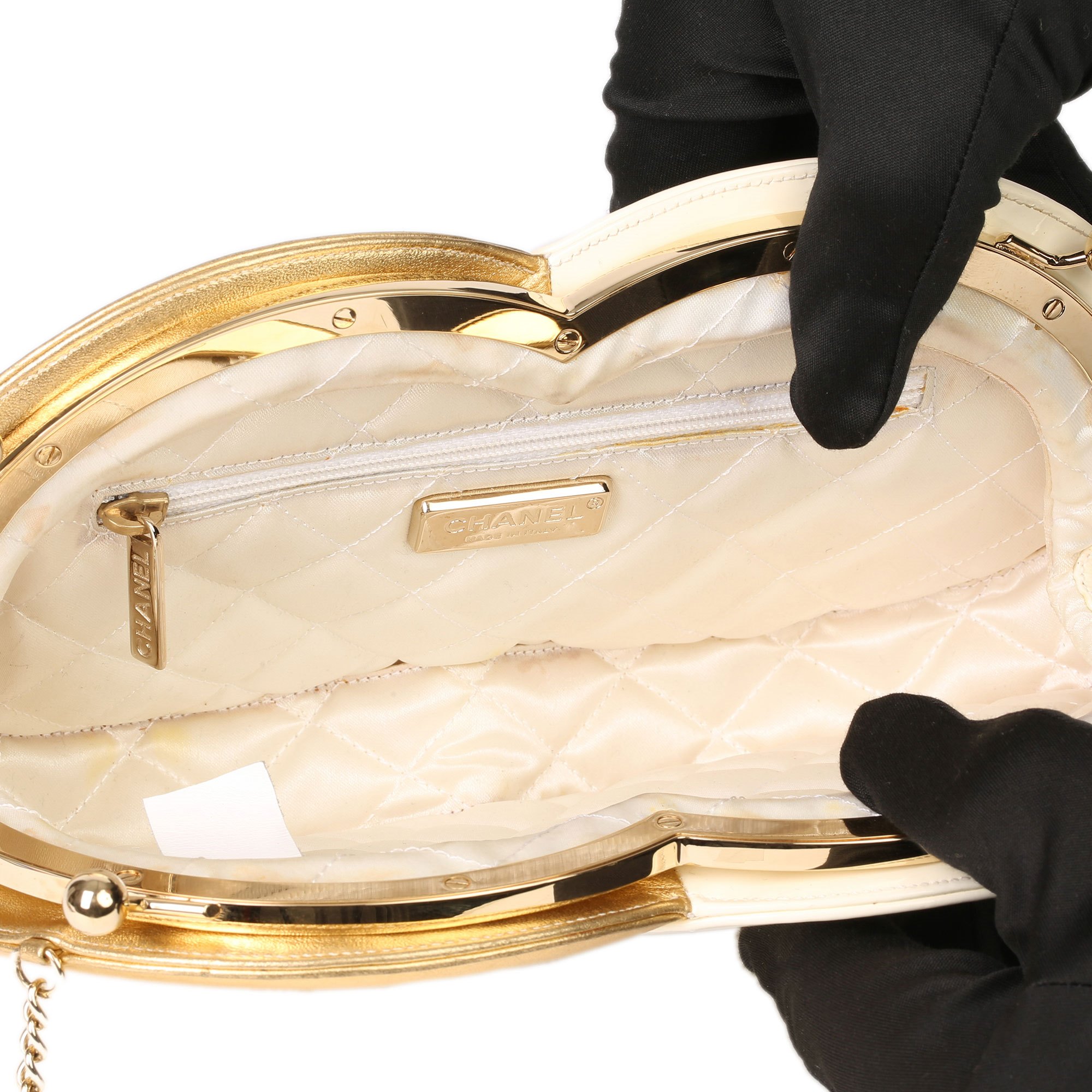 Chanel Gold Lambskin & Beige Patent Leather Double Circle Clutch