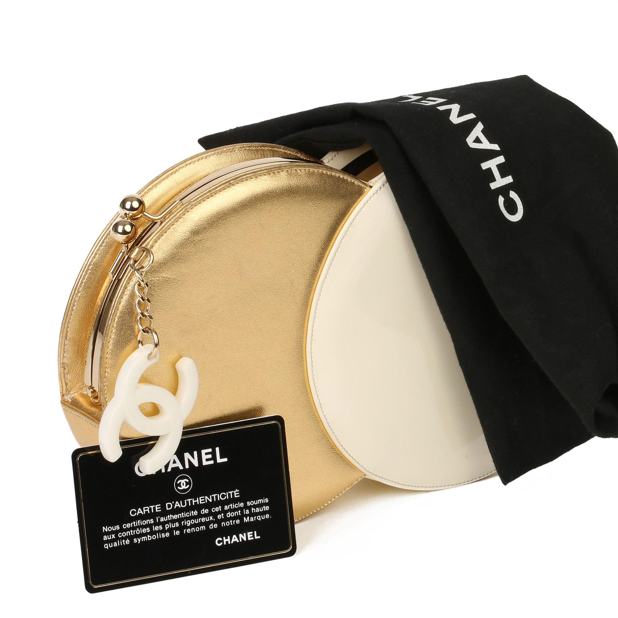 Chanel Gold Lambskin & Beige Patent Leather Double Circle Clutch