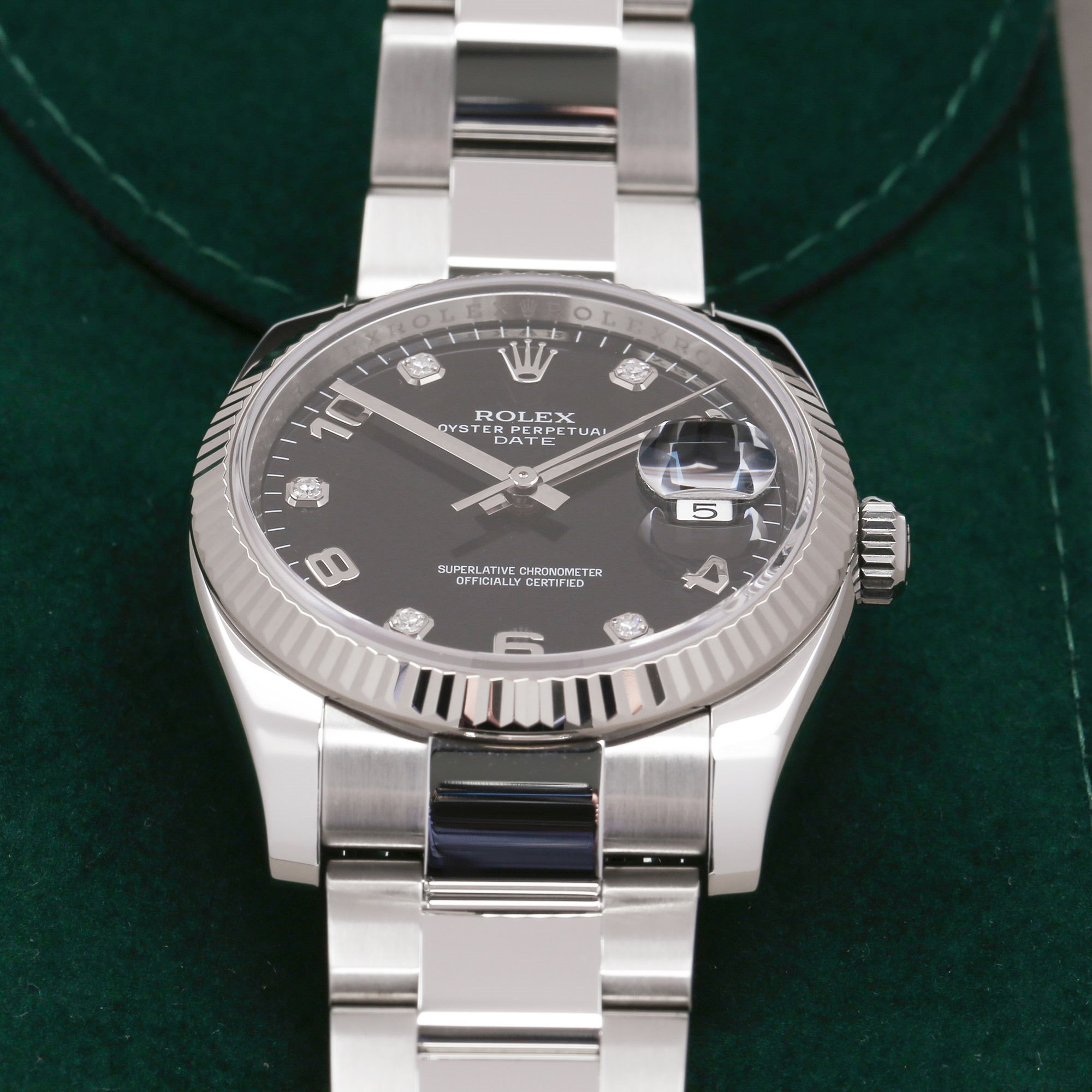 Rolex Oyster Perpetual Date Diamond Dot 18K White Gold & Stainless Steel 115234
