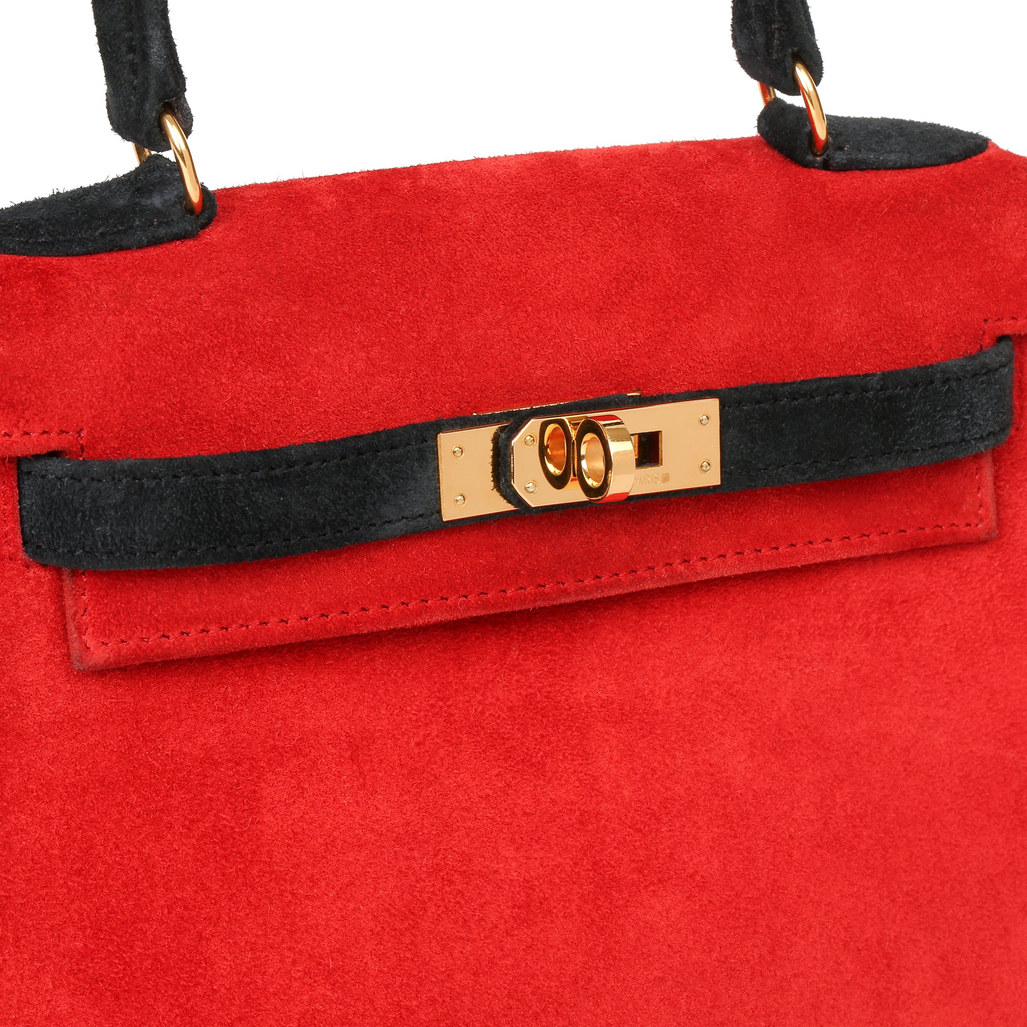 Hermès Rouge Vif & Black Veau Doblis Suede Vintage Kelly 20cm Sellier