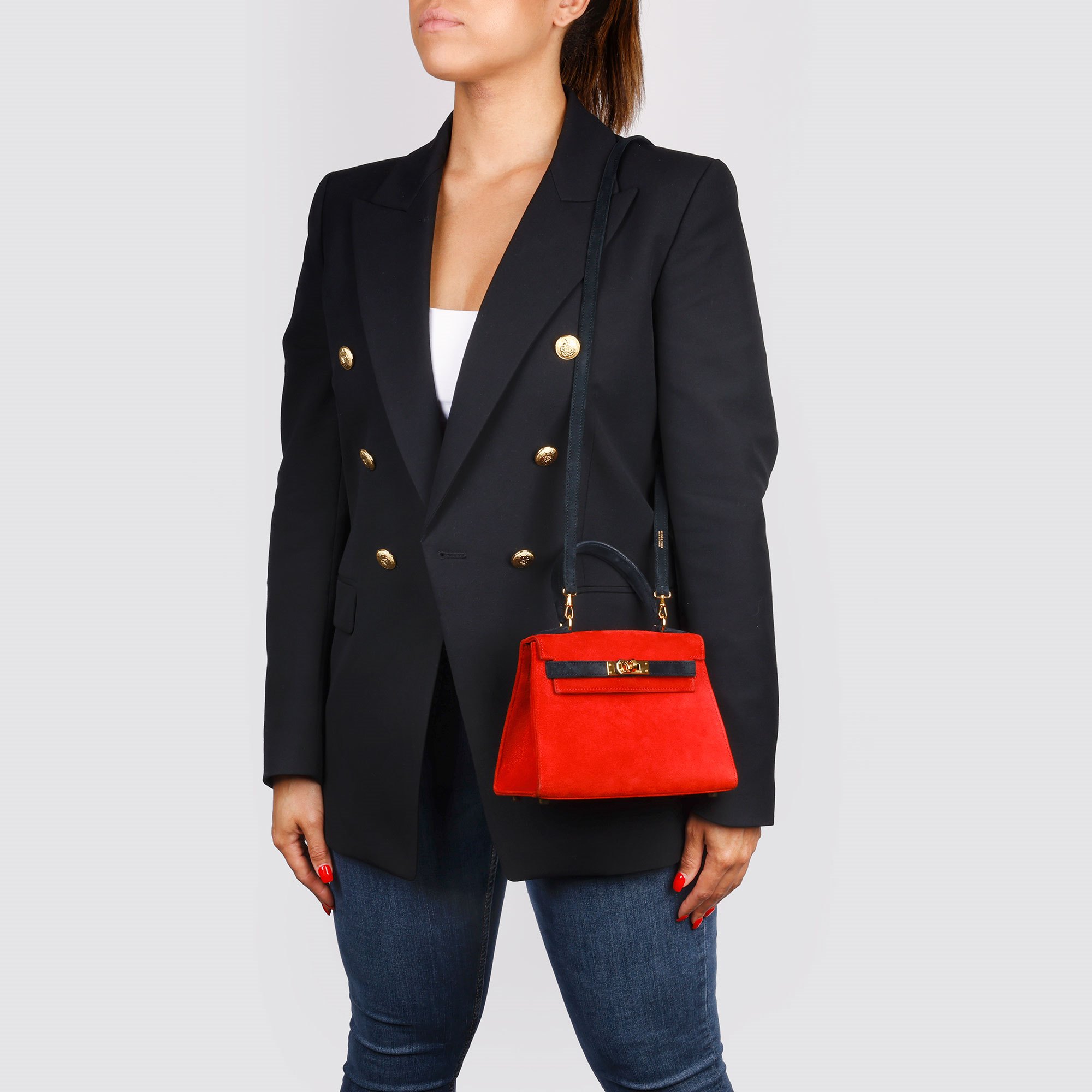 Hermès Rouge Vif & Black Veau Doblis Suede Vintage Kelly 20cm Sellier