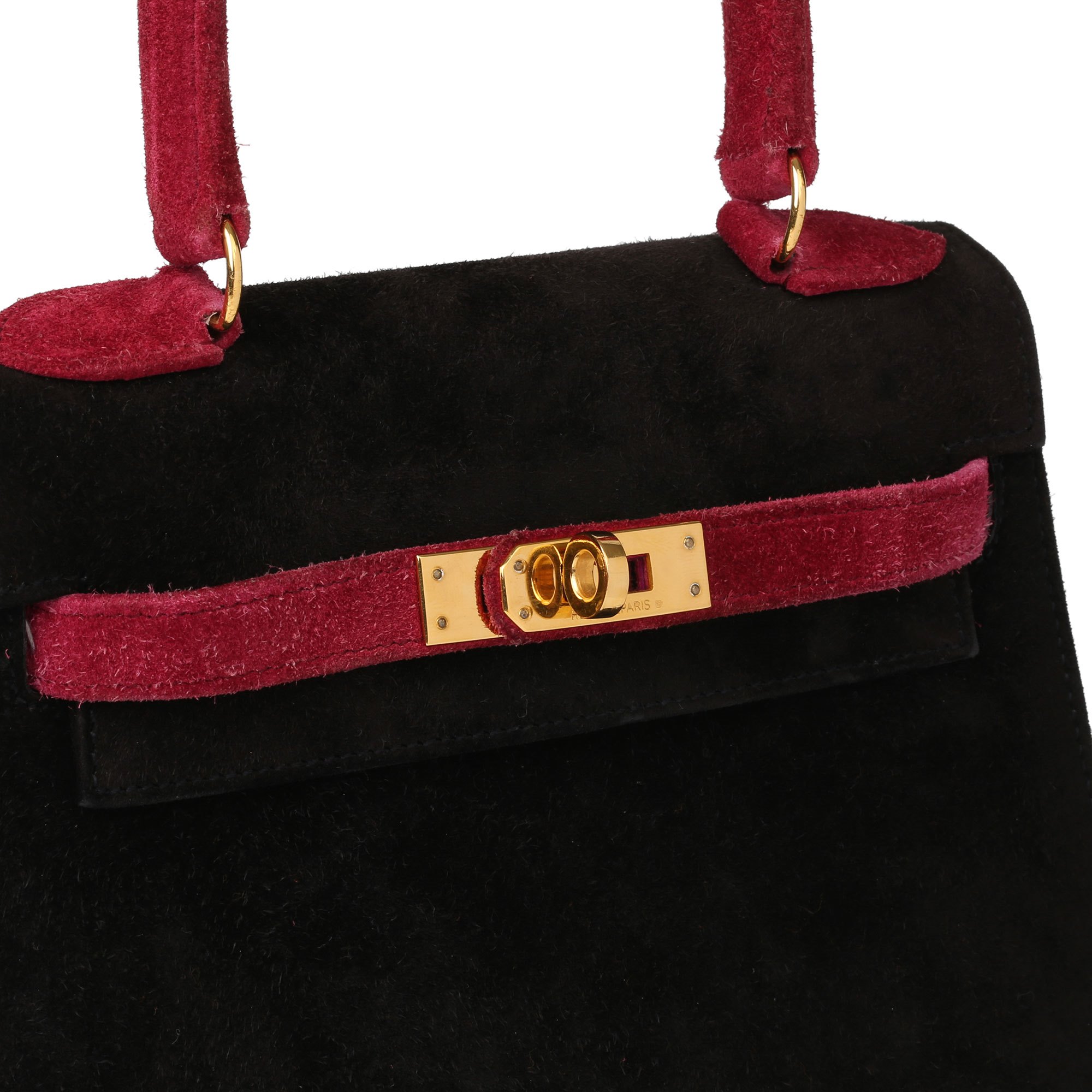 Hermès Framboise & Black Veau Doblis Suede Vintage Kelly 20cm Sellier