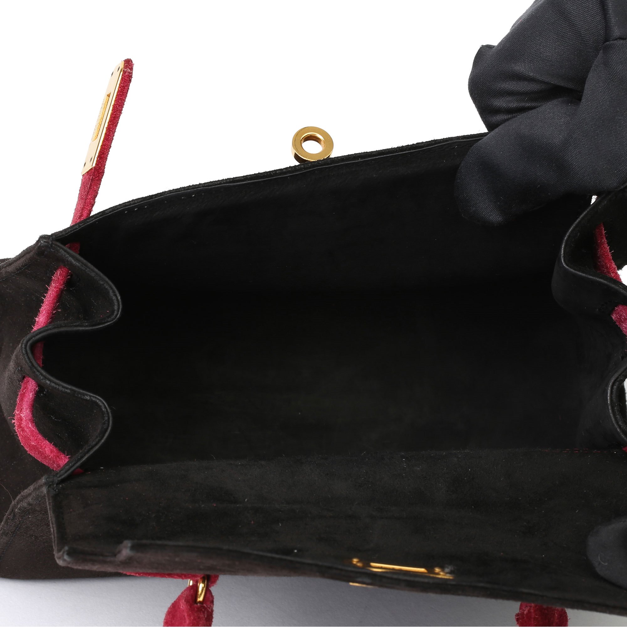Hermès Framboise & Black Veau Doblis Suede Vintage Kelly 20cm Sellier