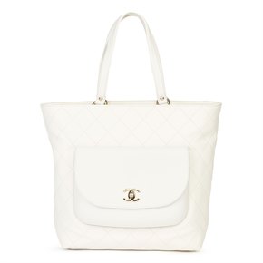 Chanel White Quilted Calfskin & Caviar Leather Classic Tote