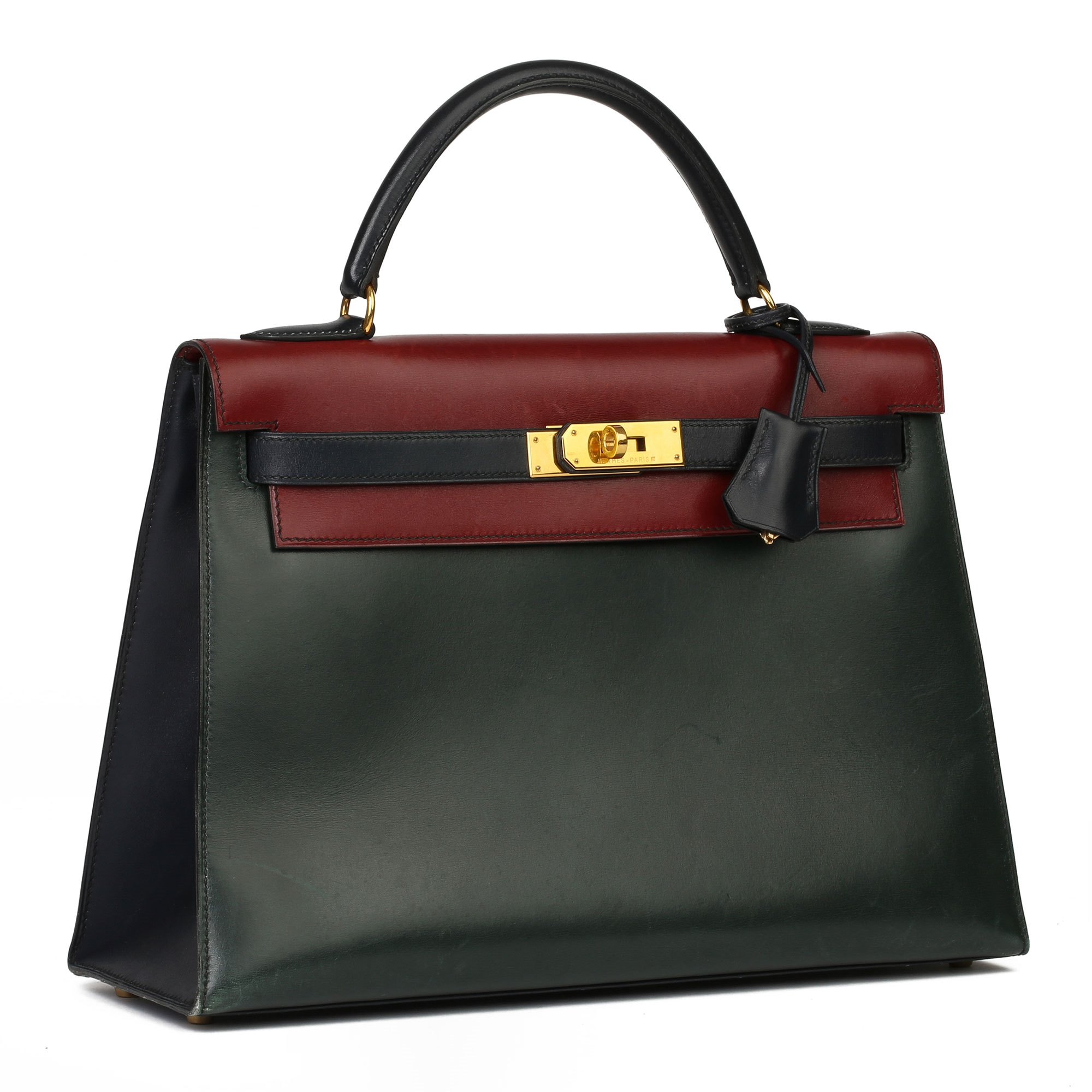 Hermès Vert Fonce, Rouge H & Indigo Box Calf Tri-Colour Leather Vintage Kelly 32cm Sellier
