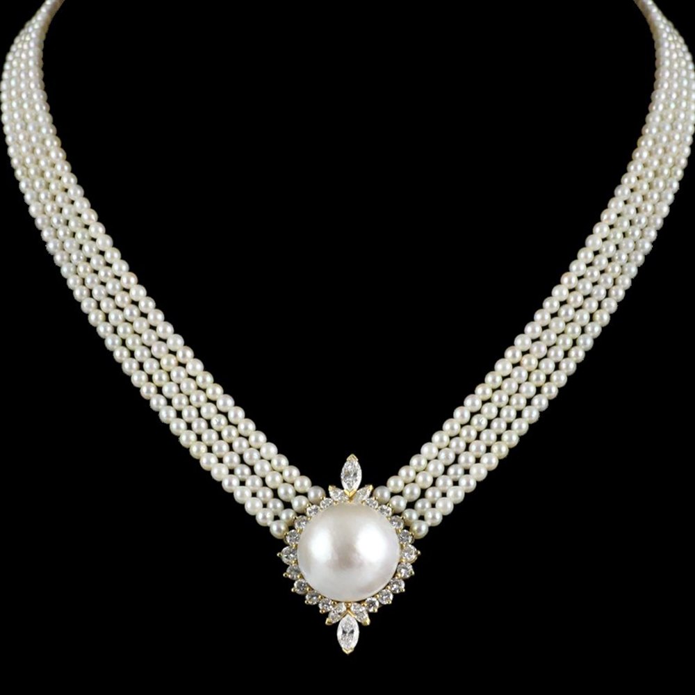 Kutchinsky 18k Yellow Gold Pearl & Diamond Necklace