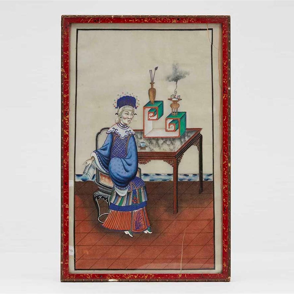 ANTIQUE CHINESE FRAMED WATERCOLOUR OF A LADY ON SILK 19TH C 19th Century