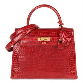 Hermès Rouge Vif Shiny Porosus Crocodile Leather Vintage Kelly 25cm Sellier