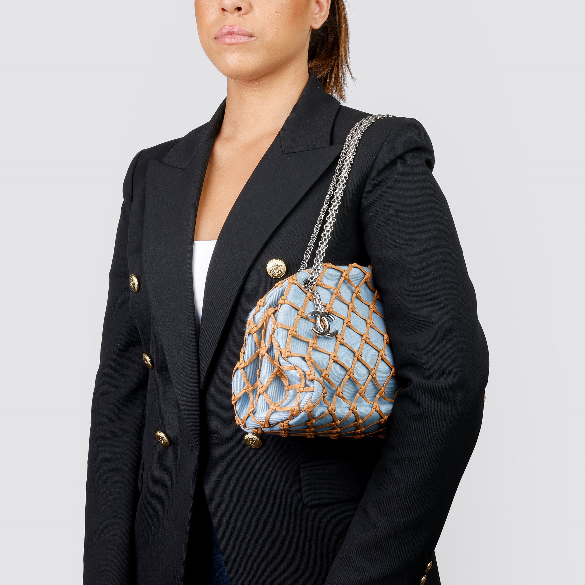 Chanel Light Blue Denim & Brown Woven Rope Canebier Just Mademoiselle Bowling Bag