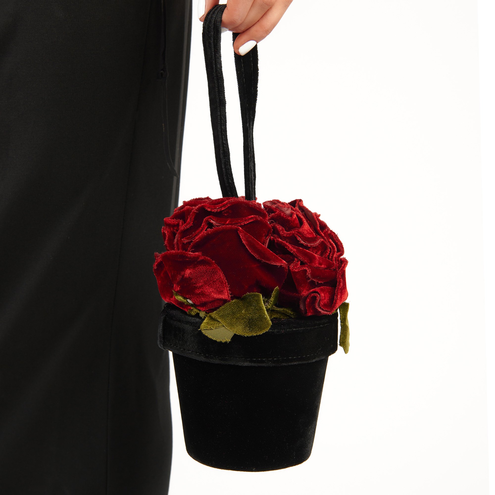 Lulu Guinness Black, Red & Green Velvet Vintage Florist Pot Bag