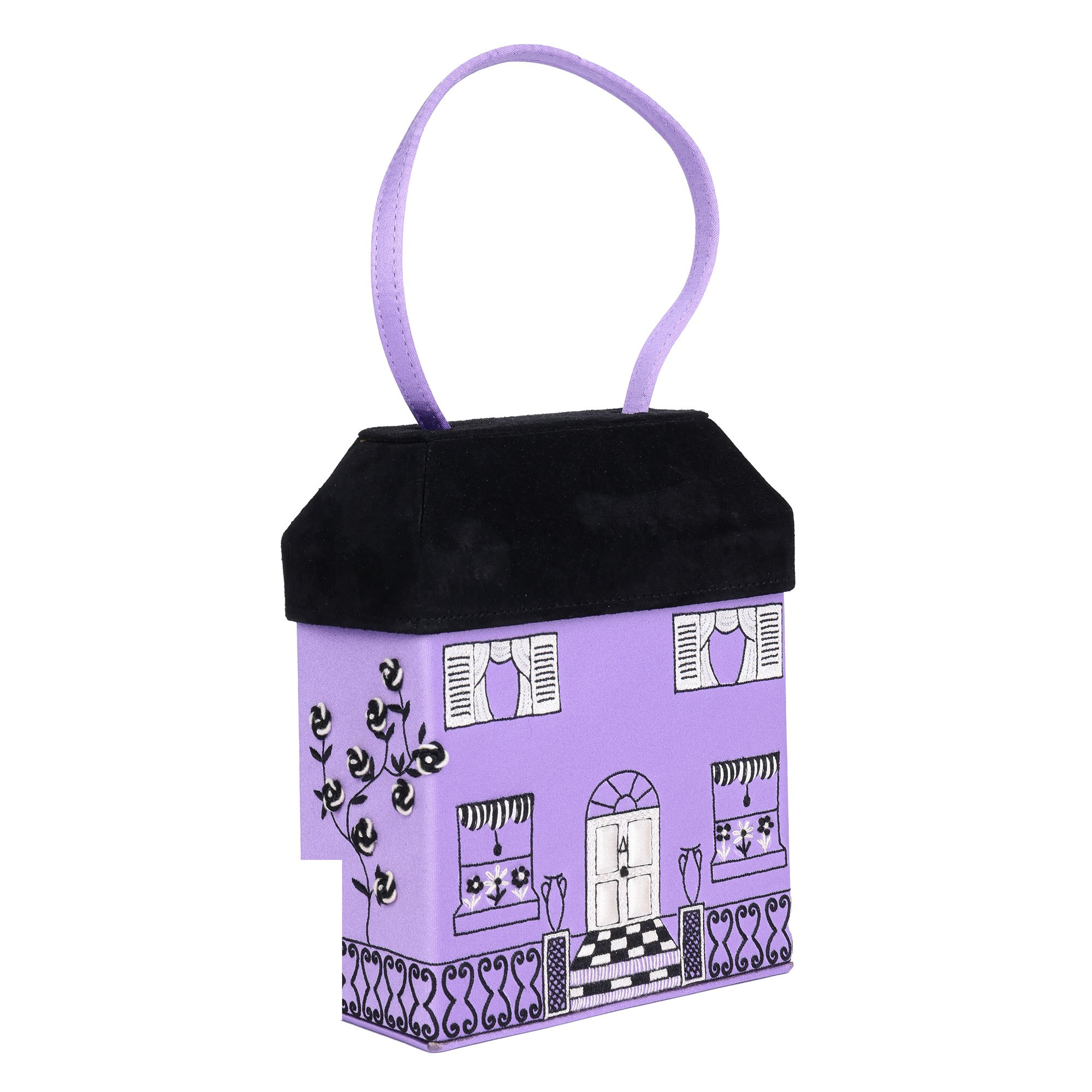 Lulu Guinness Lilac Satin & Black Suede Vintage House Box Bag
