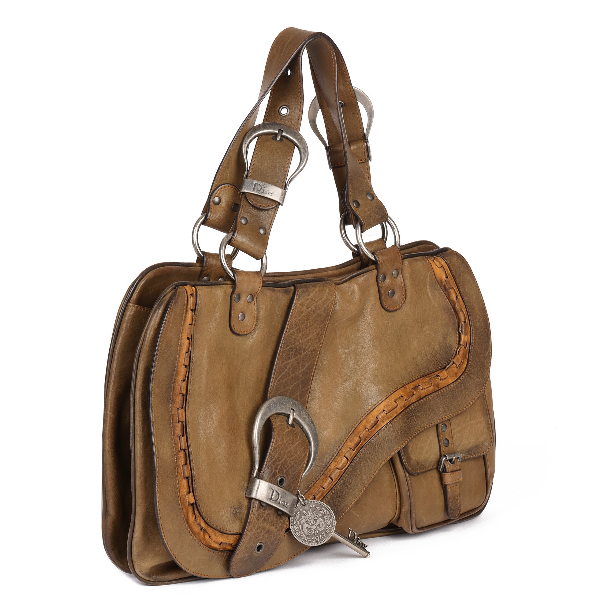 Christian Dior Brown Aged Calfskin Leather Gaucho Double Saddle Bag