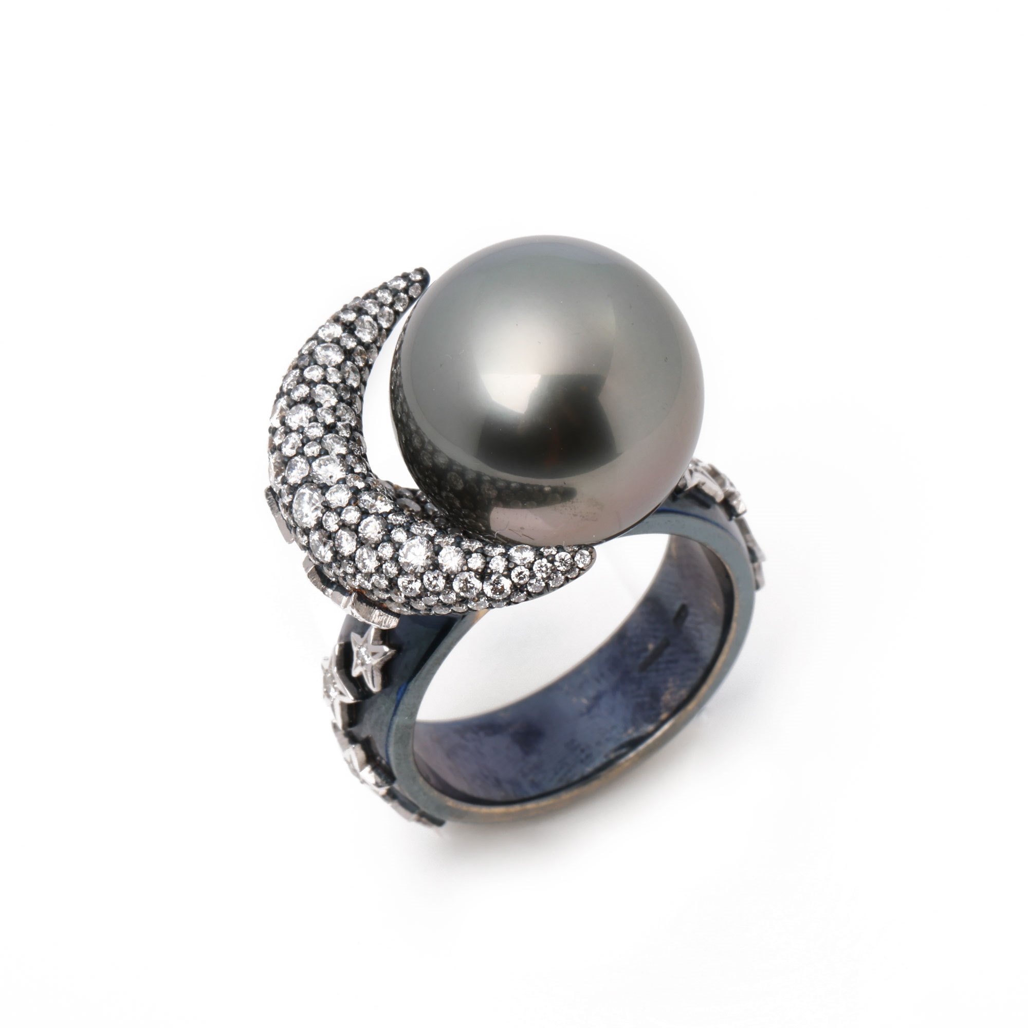 Stephanie Simon Moon and Stars Tahitian Cultured Pearl and Diamond Ring