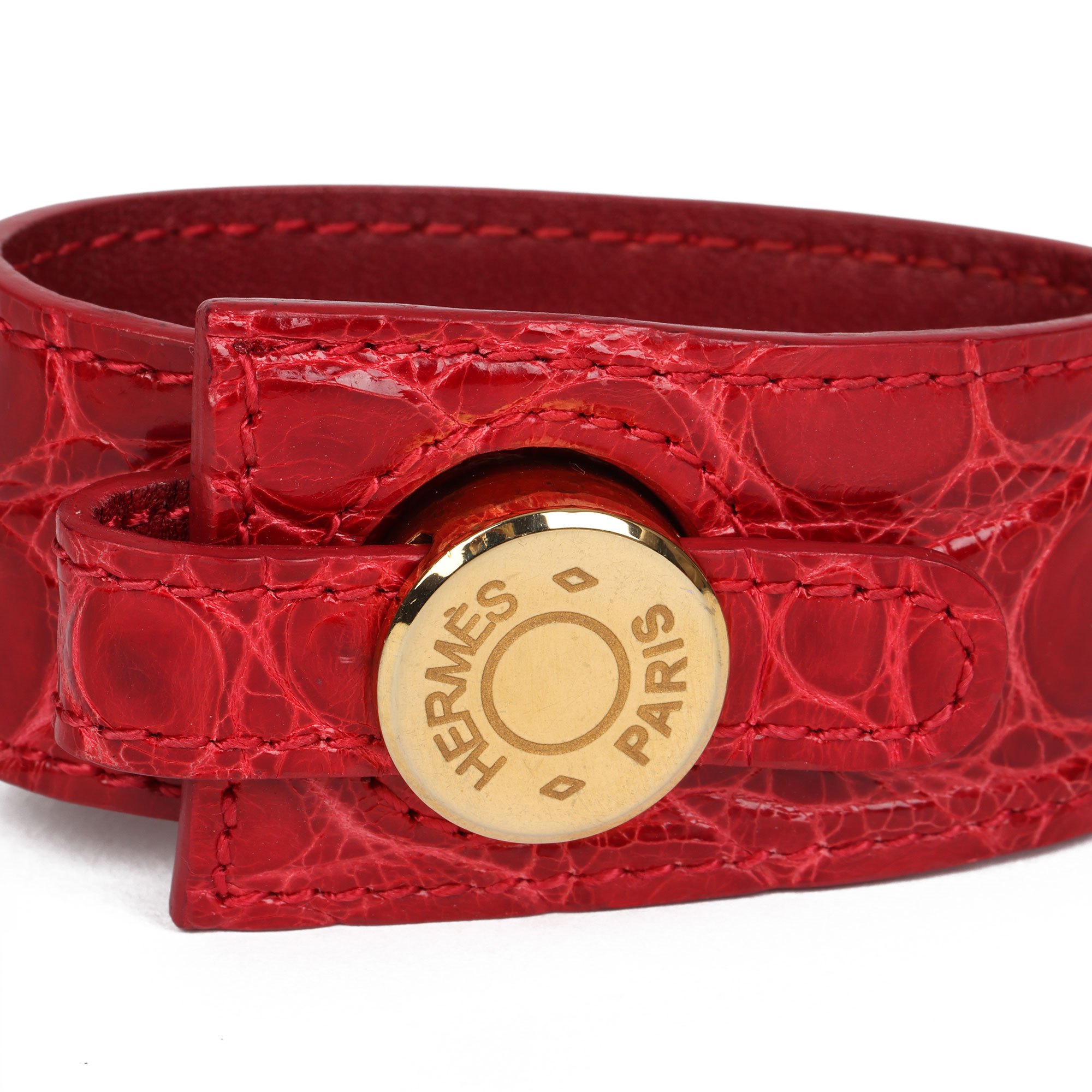Hermès Red Shiny Alligator Leather Clous de Selle Bracelet