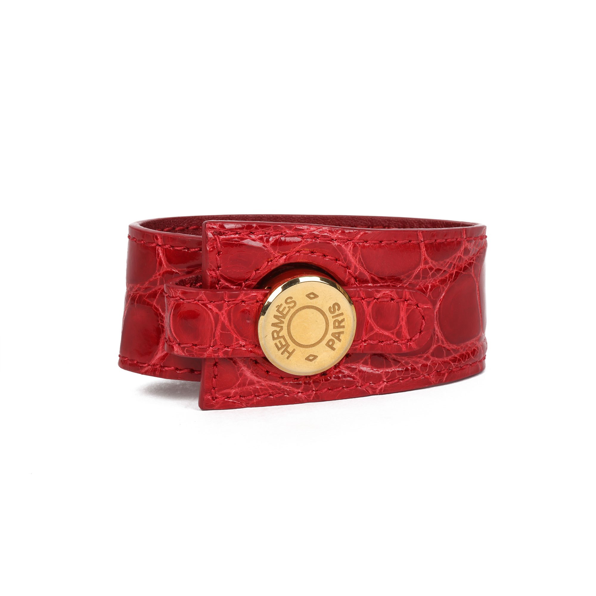 Hermès Red Shiny Alligator Leather Clous de Selle Bracelet