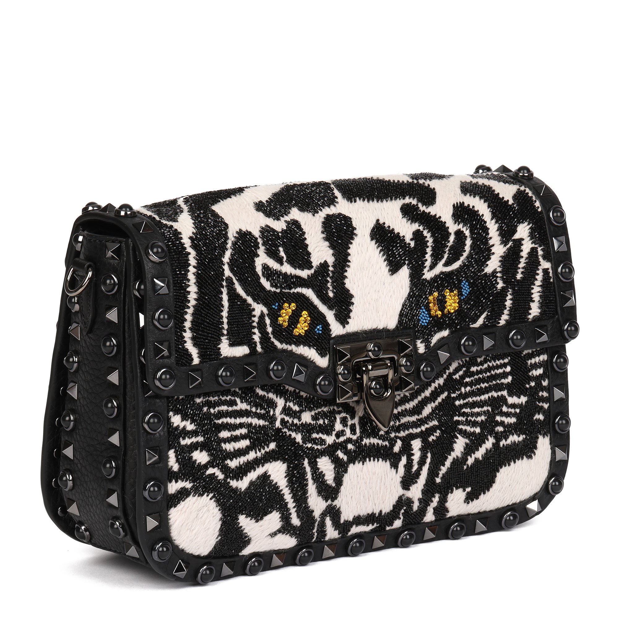 Valentino Black Calfskin & Embellishment Tiger Rockstud Rolling Bag