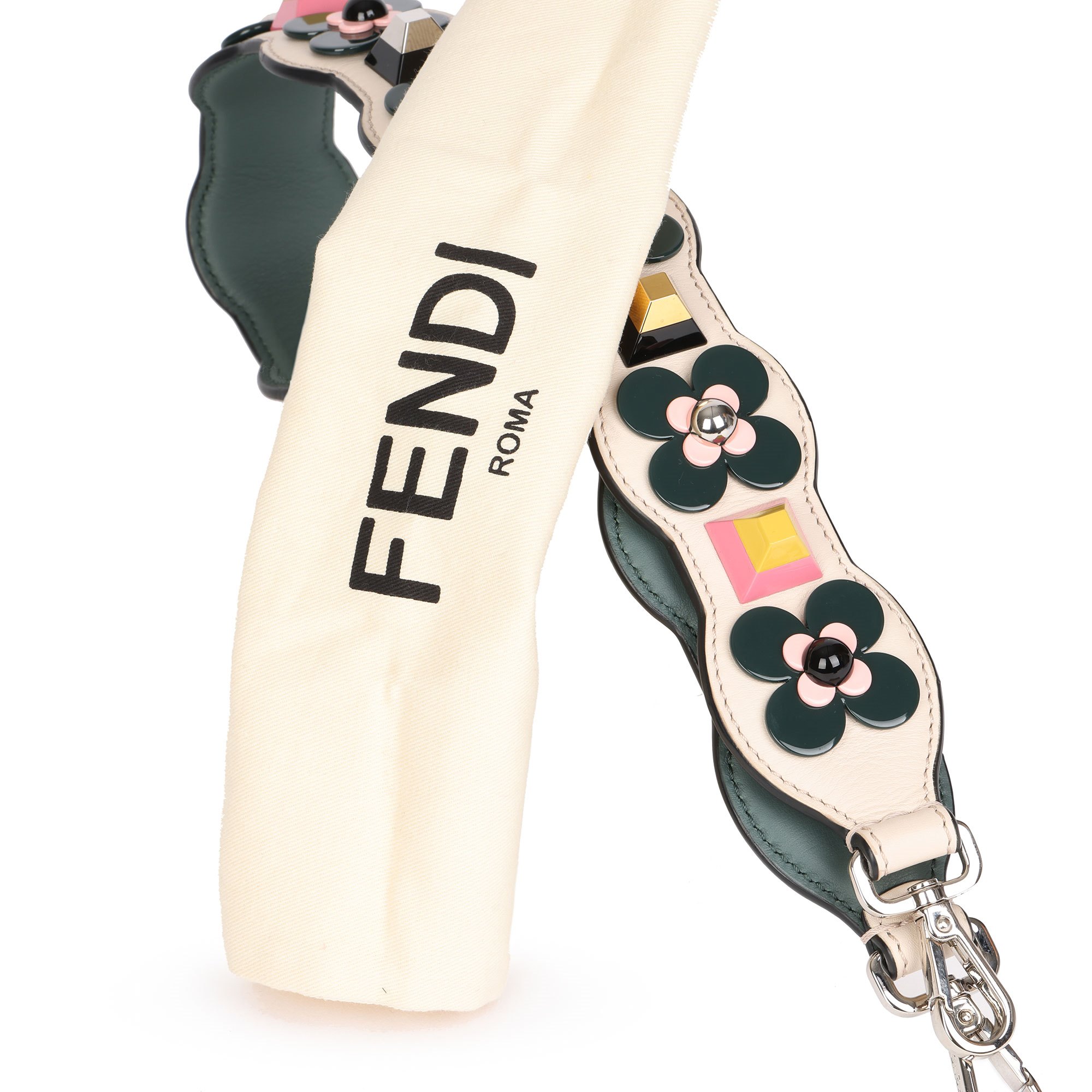 Fendi White & Green Calfskin Leather Multicolour Floral Appliqued Strap You 50mm Strap
