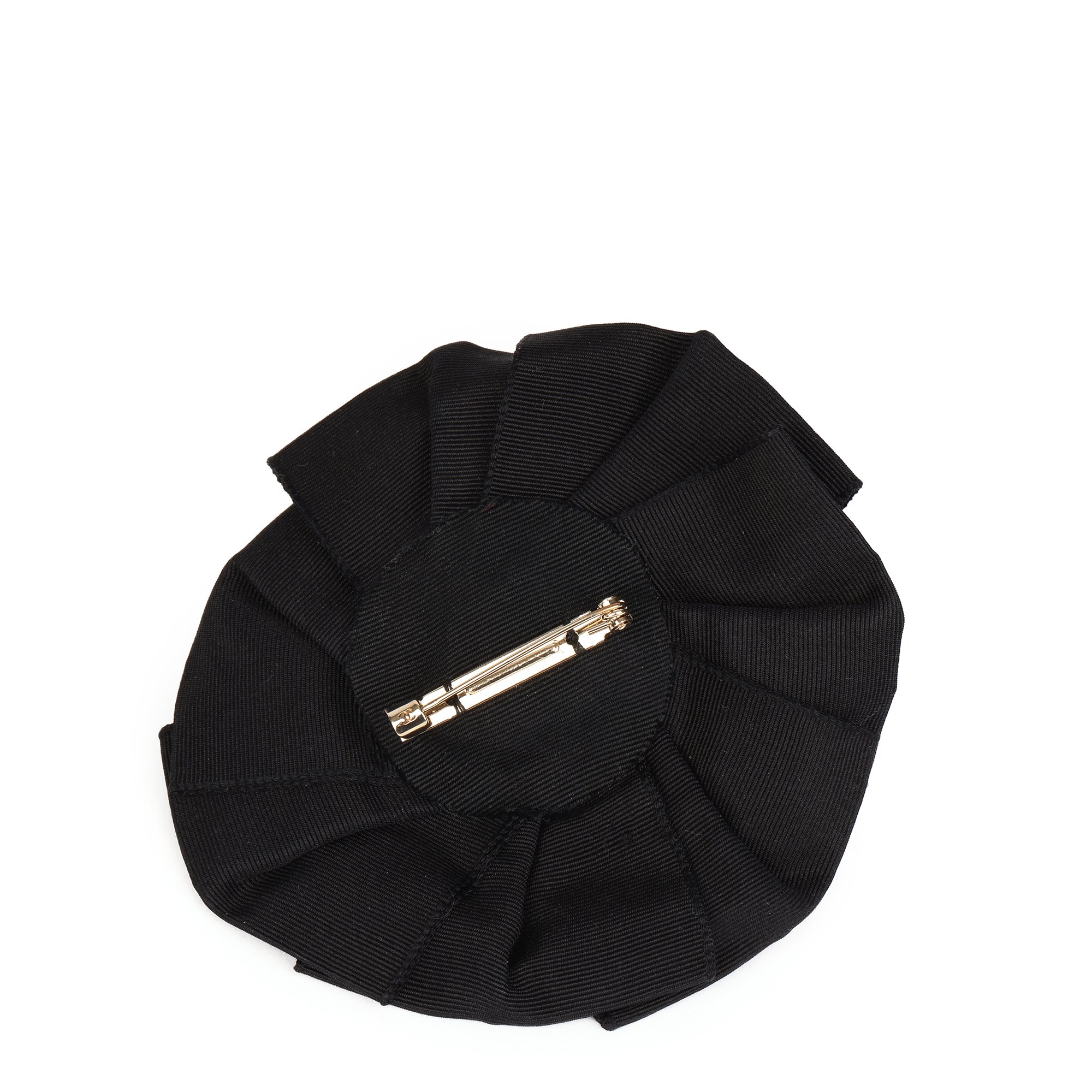 Chanel Black Grosgrain Vintage Camellia Brooch