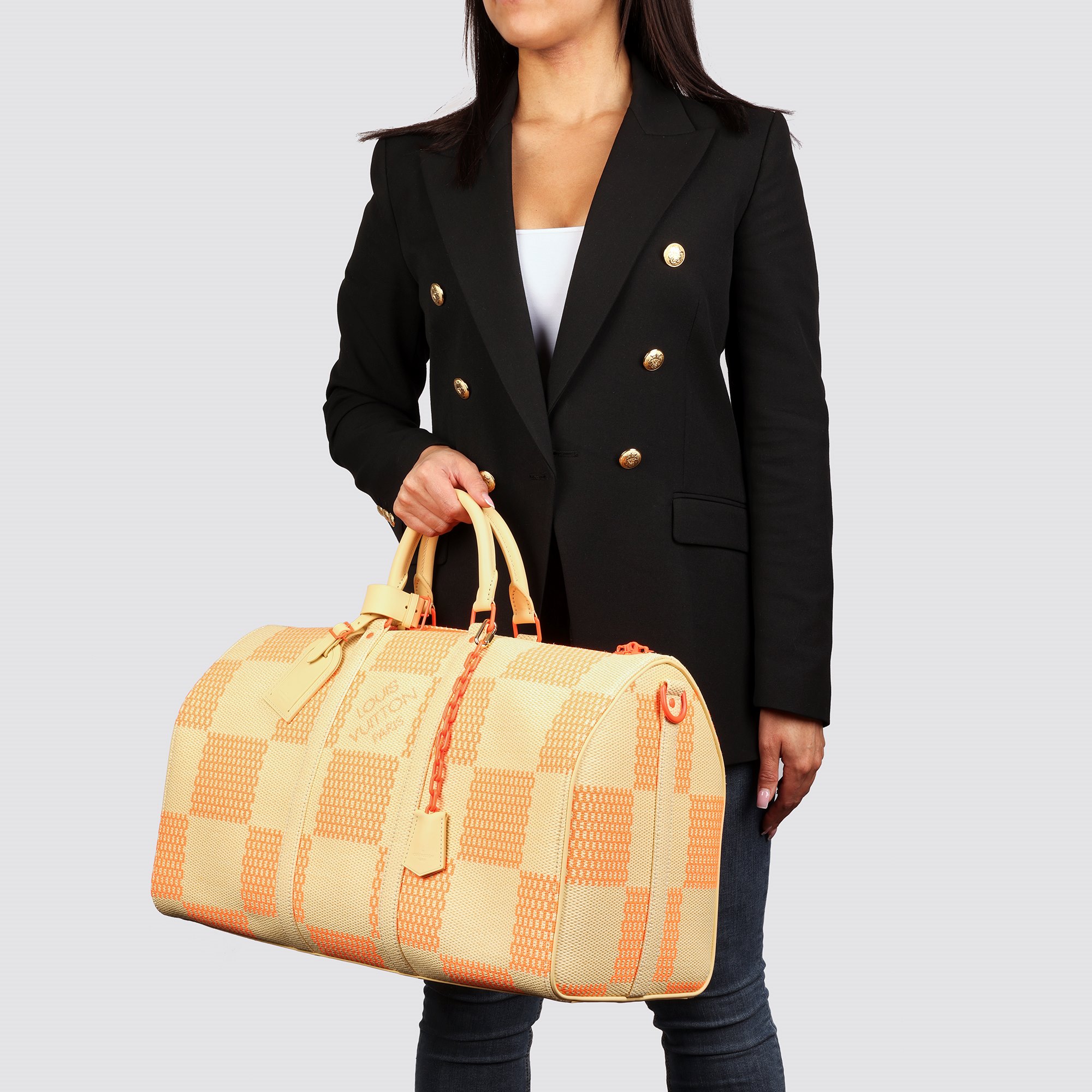 Louis Vuitton Natural & Orange Raffia, Beige Calfskin Leather Keepall 50 Bandouliere