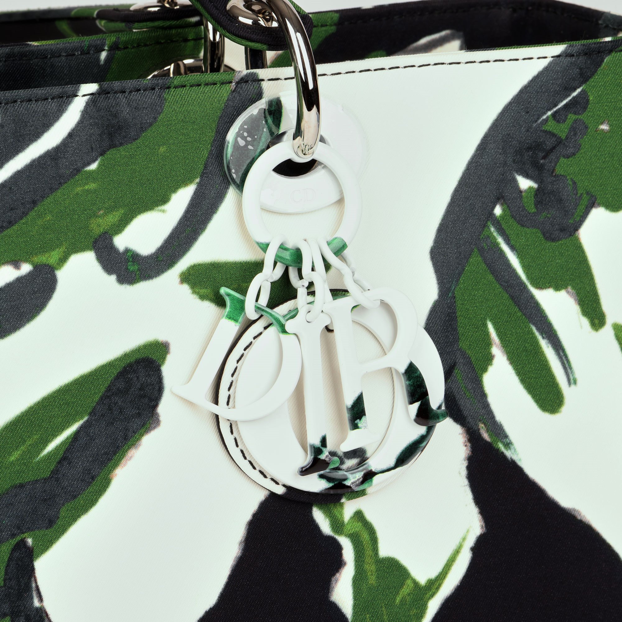 Christian Dior Black, Green & White Satin Canvas Graffiti Floral Lady Dior GM