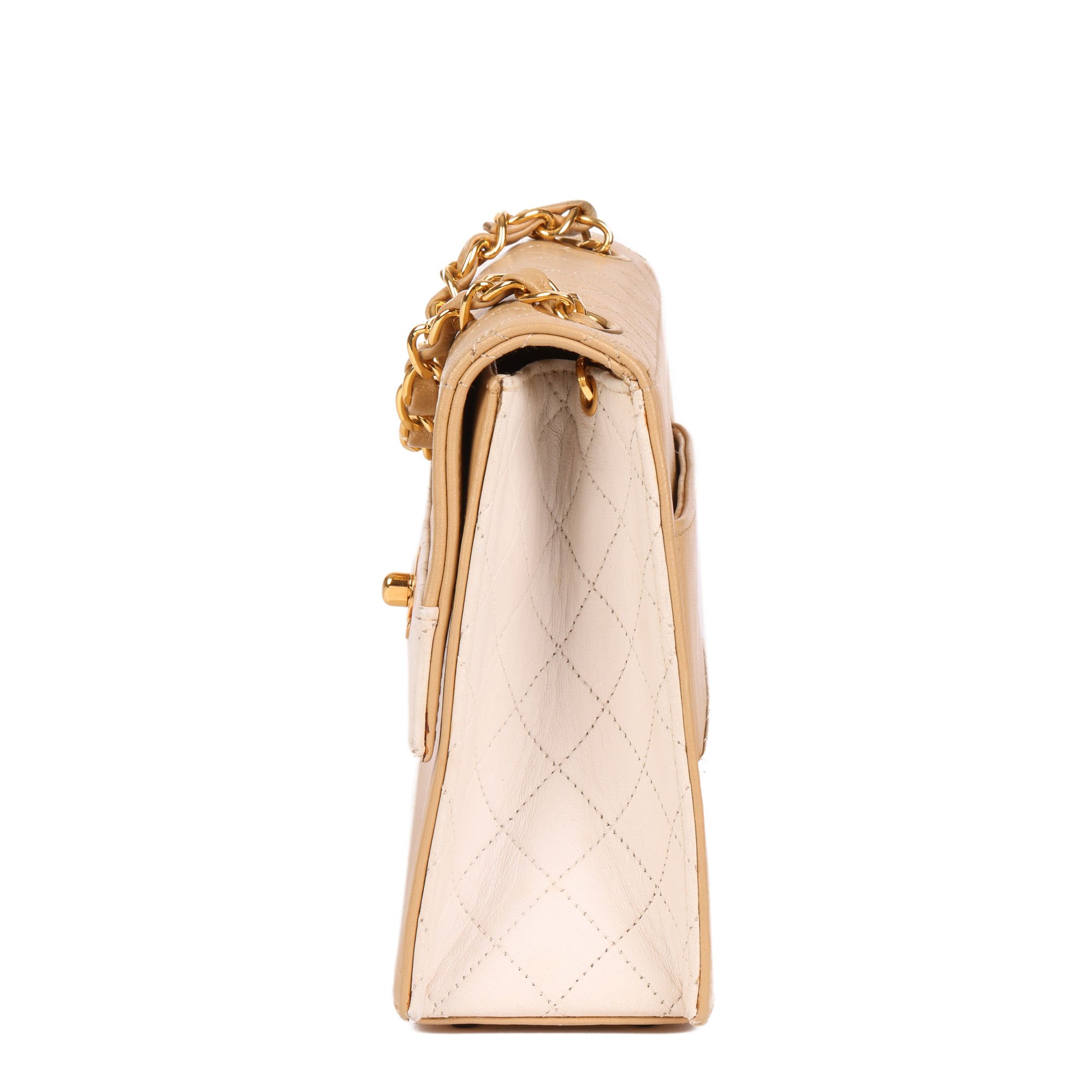 Chanel Beige & White Quilted Lambskin Vintage Mini Trapeze Classic Single Flap Bag with Pouch