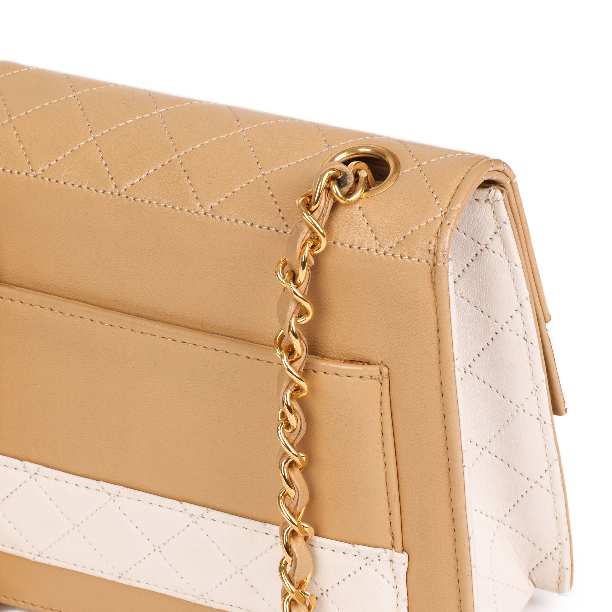 Chanel Beige & White Quilted Lambskin Vintage Mini Trapeze Classic Single Flap Bag with Pouch