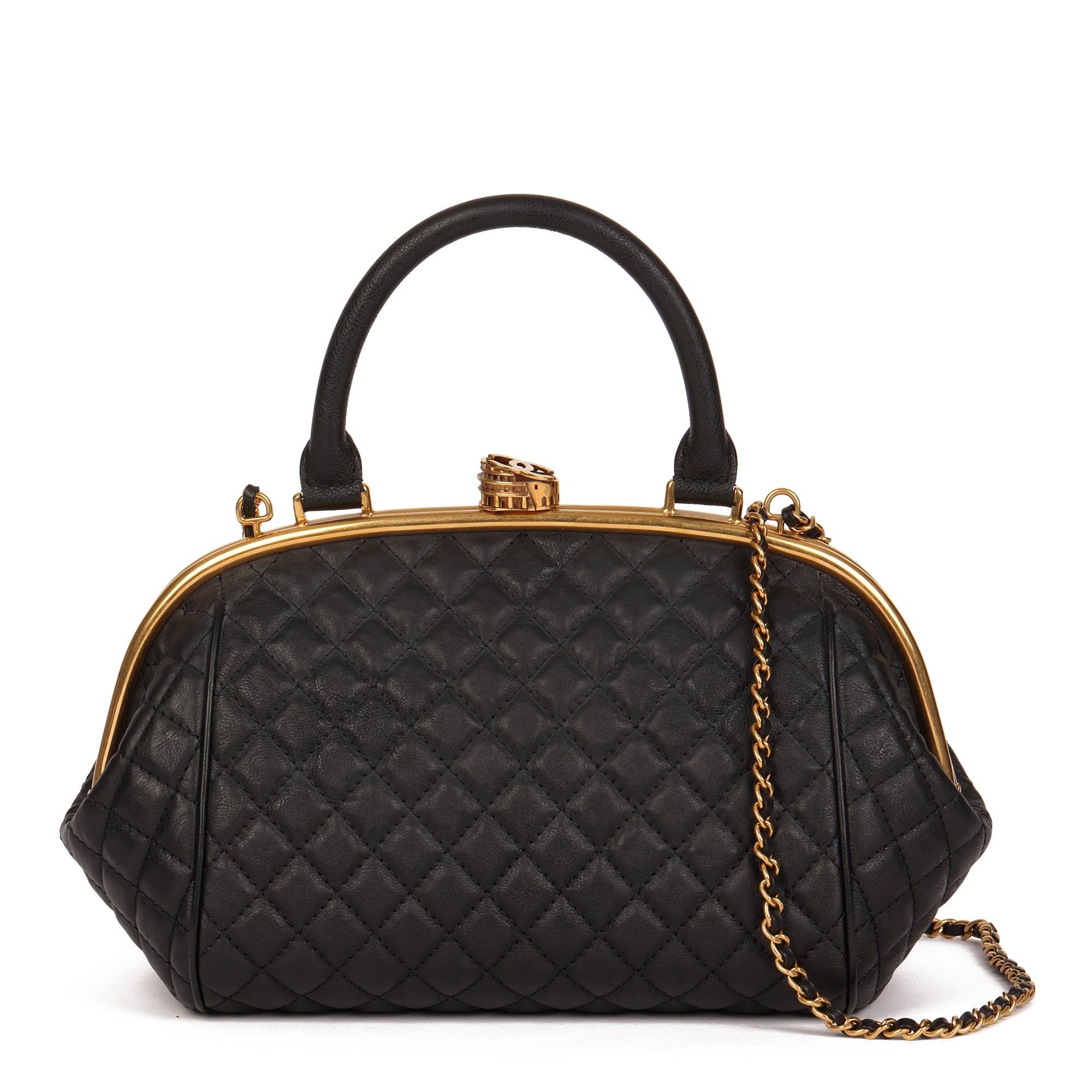 Chanel Black Quilted Calfskin Leather Paris in Rome Colosseum Kiss Lock Bowling Bag
