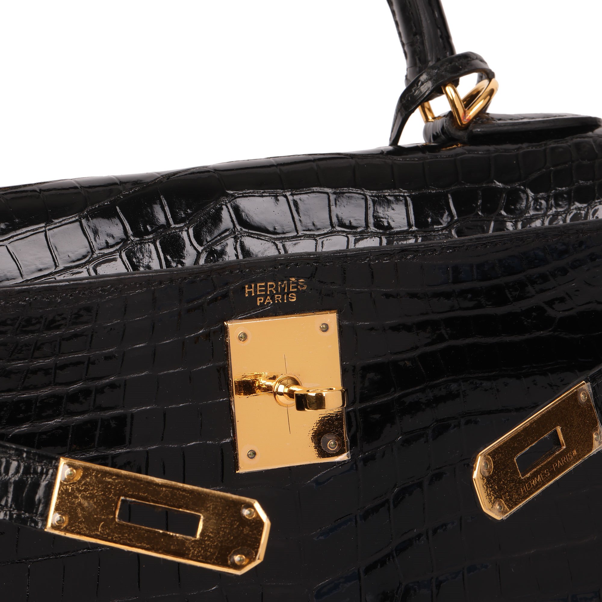Hermès Black Shiny Porosus Crocodile Leather Vintage Kelly 28cm Sellier